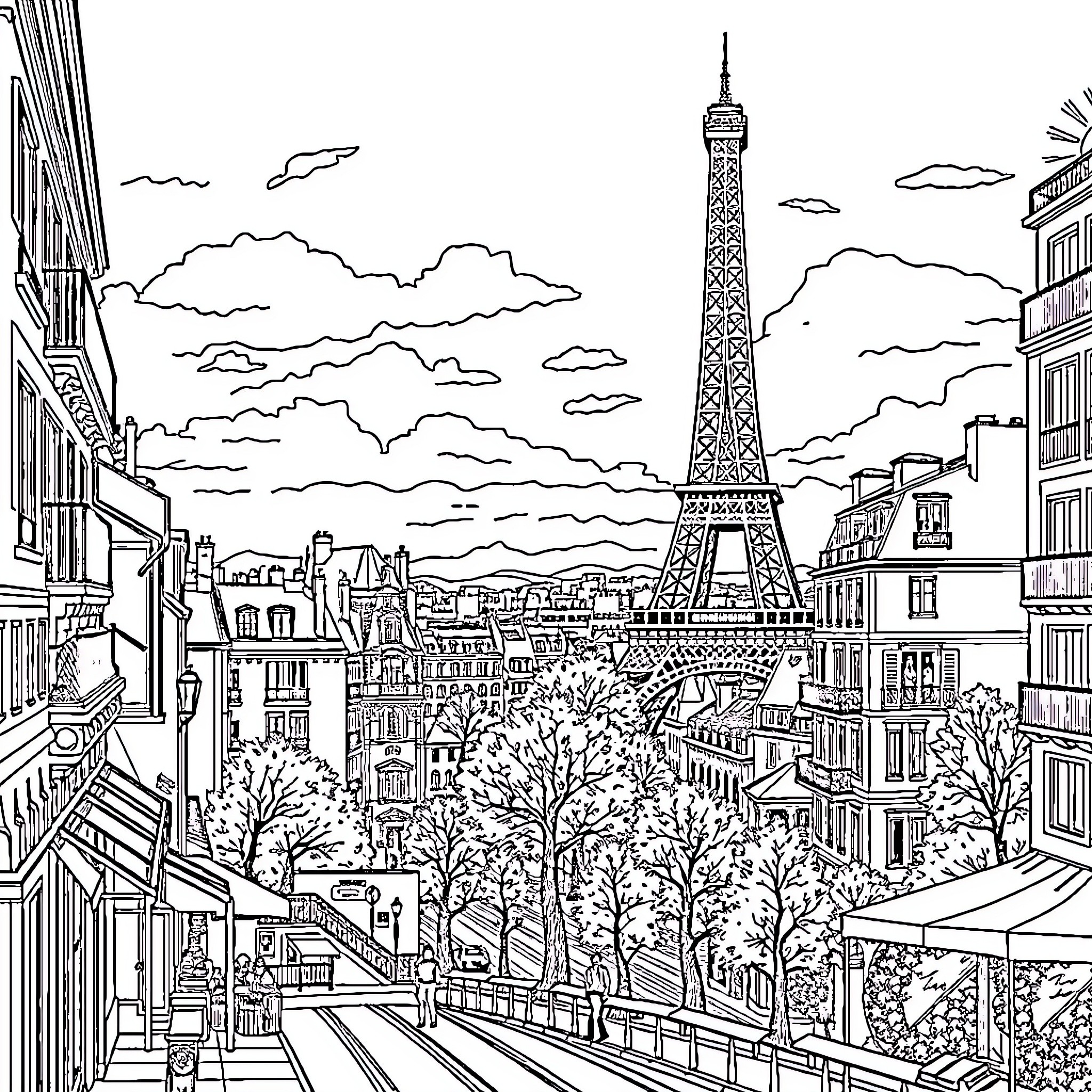 Paris street scene with Eiffel Tower and cityscape Coloring Page (free black-and-white line drawing printable PDF for all, from beginners to advanced learners, including children, teens, adults, and seniors)