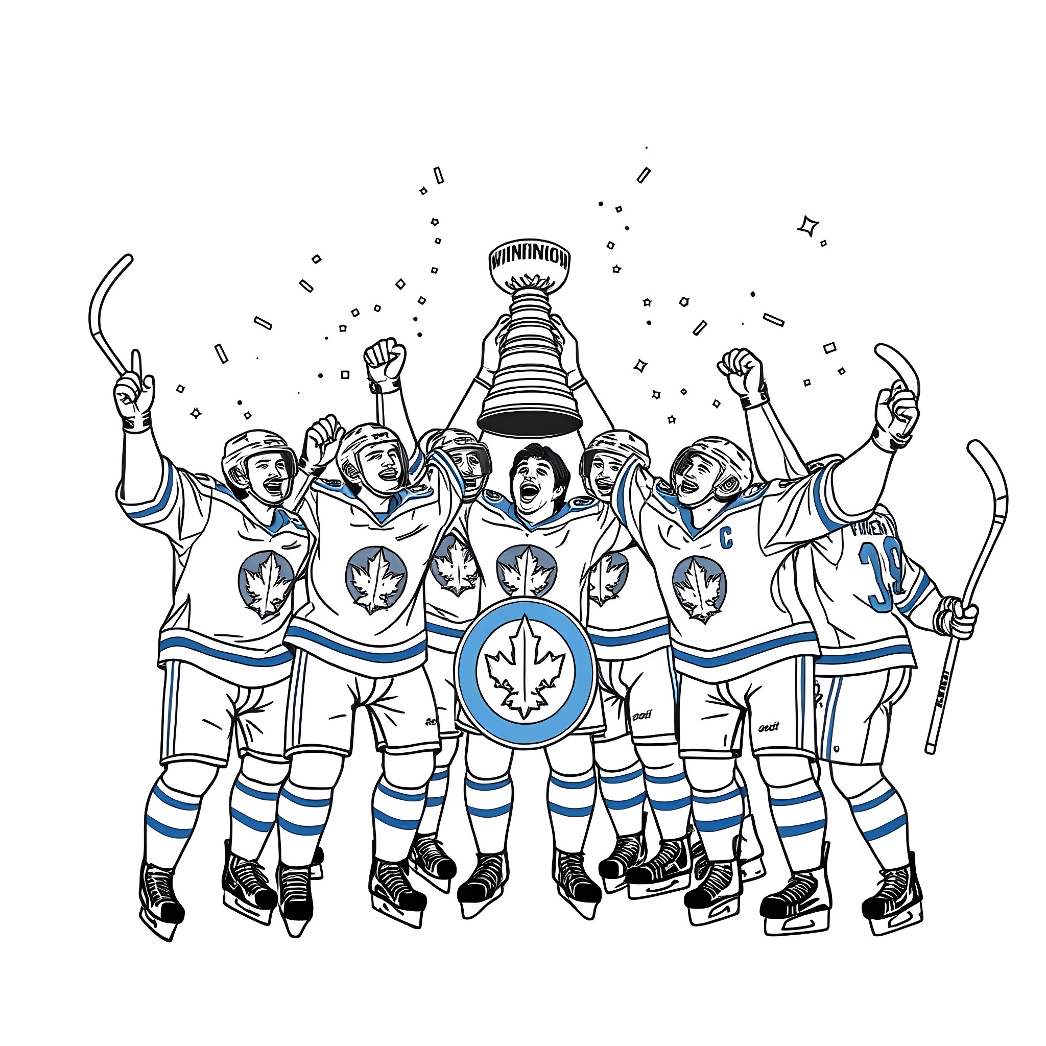 Winnipeg Jets hockey team celebrating championship victory Coloring Page (free black-and-white line drawing printable PDF for all, from beginners to advanced learners, including children, teens, adults, and seniors)