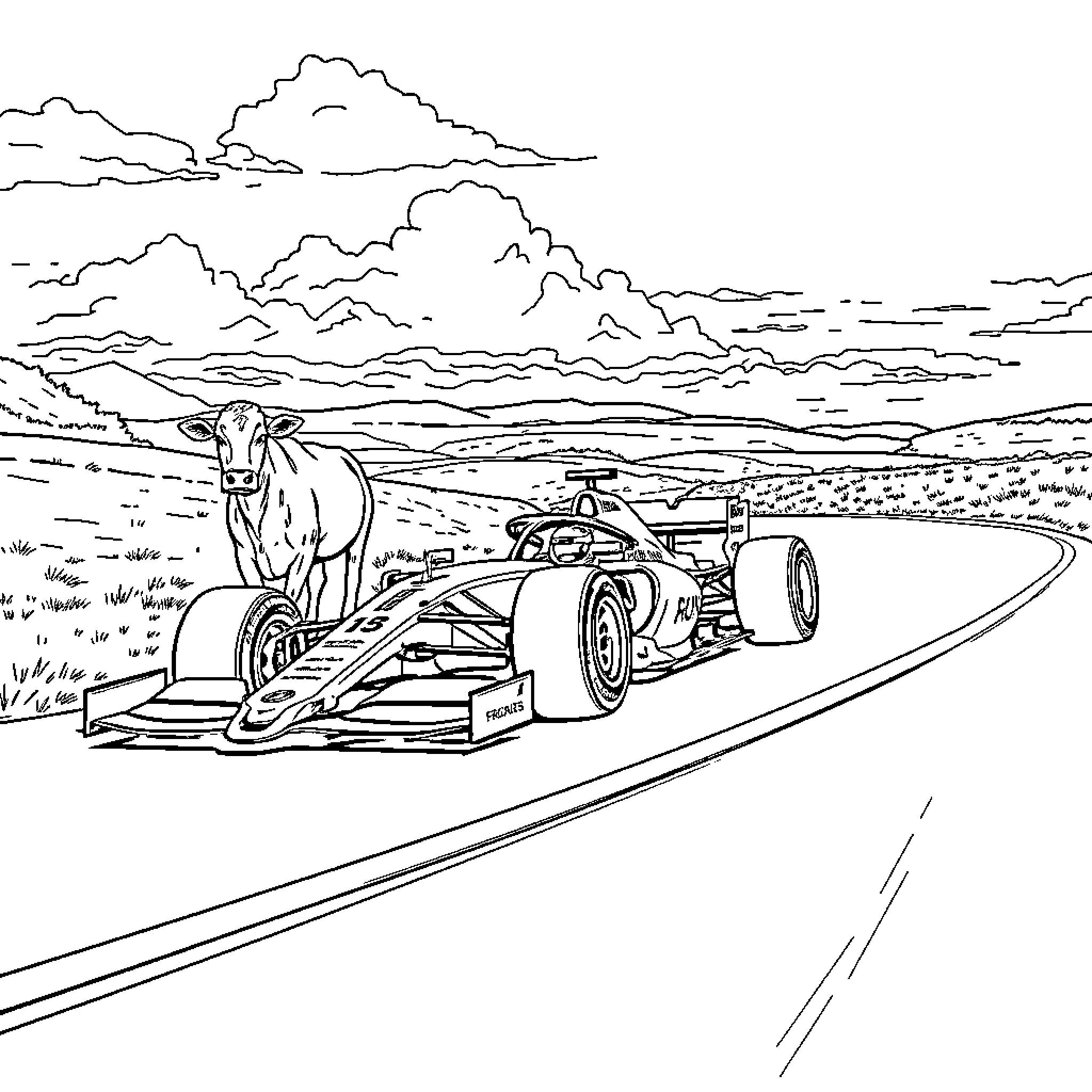 F1 Car speeding through rural countryside Coloring Page (free black-and-white line drawing printable PDF for all, from beginners to advanced learners, including children, teens, adults, and seniors)
