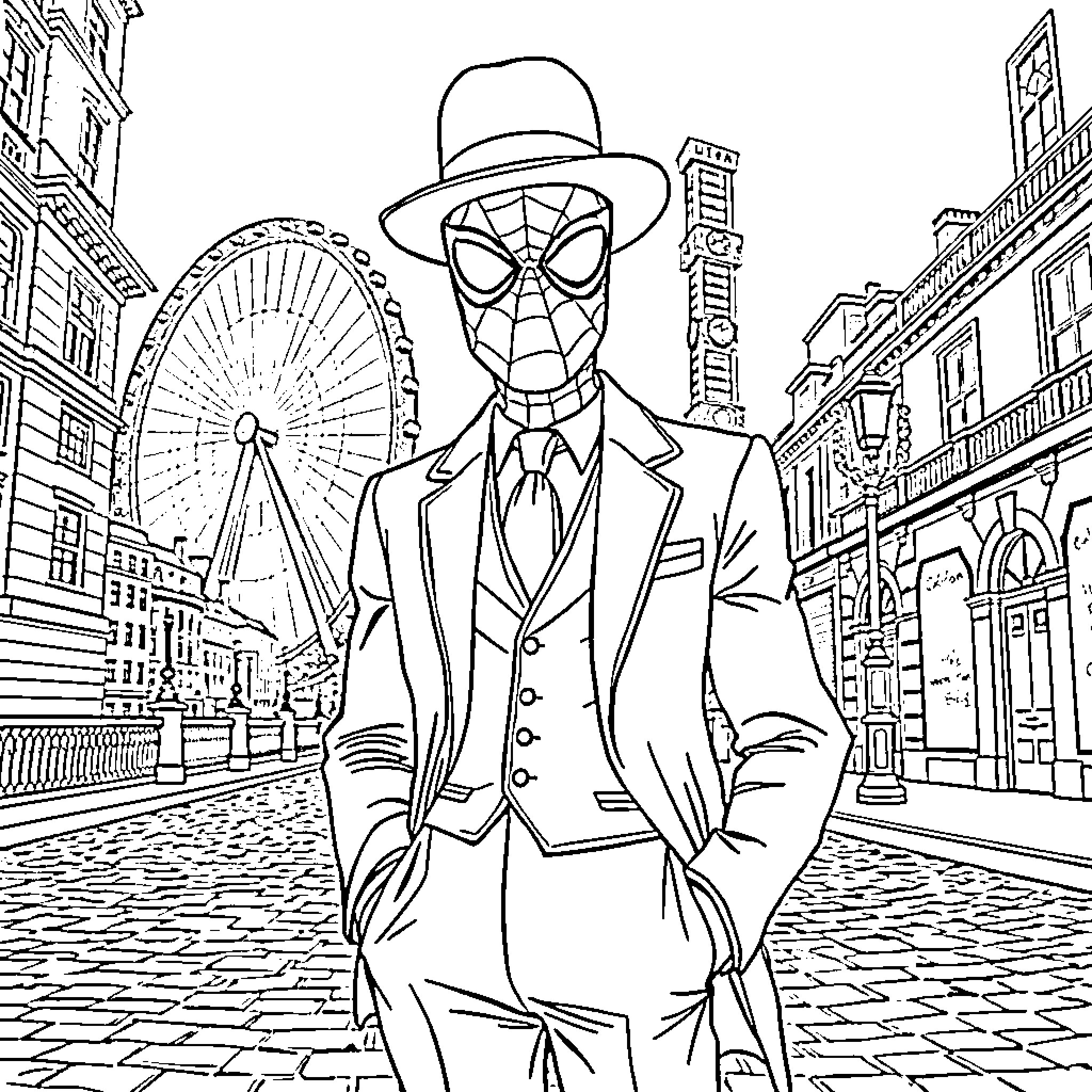 Spiderman in a Dapper Suit Strolling Through the City Coloring Page (free black-and-white line drawing printable PDF for all, from beginners to advanced learners, including children, teens, adults, and seniors)