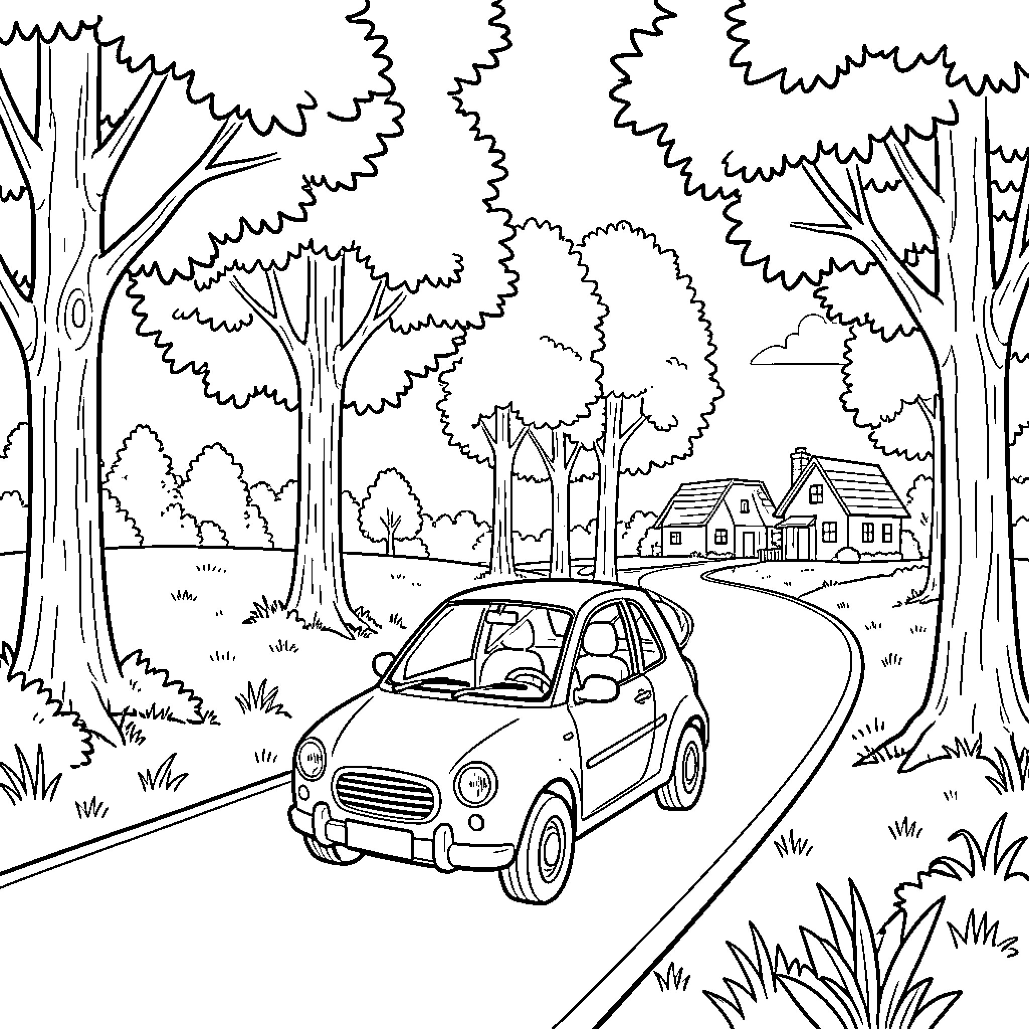 Car driving along a winding road through a forest Coloring Page (free black-and-white line drawing printable PDF for all, from beginners to advanced learners, including children, teens, adults, and seniors)
