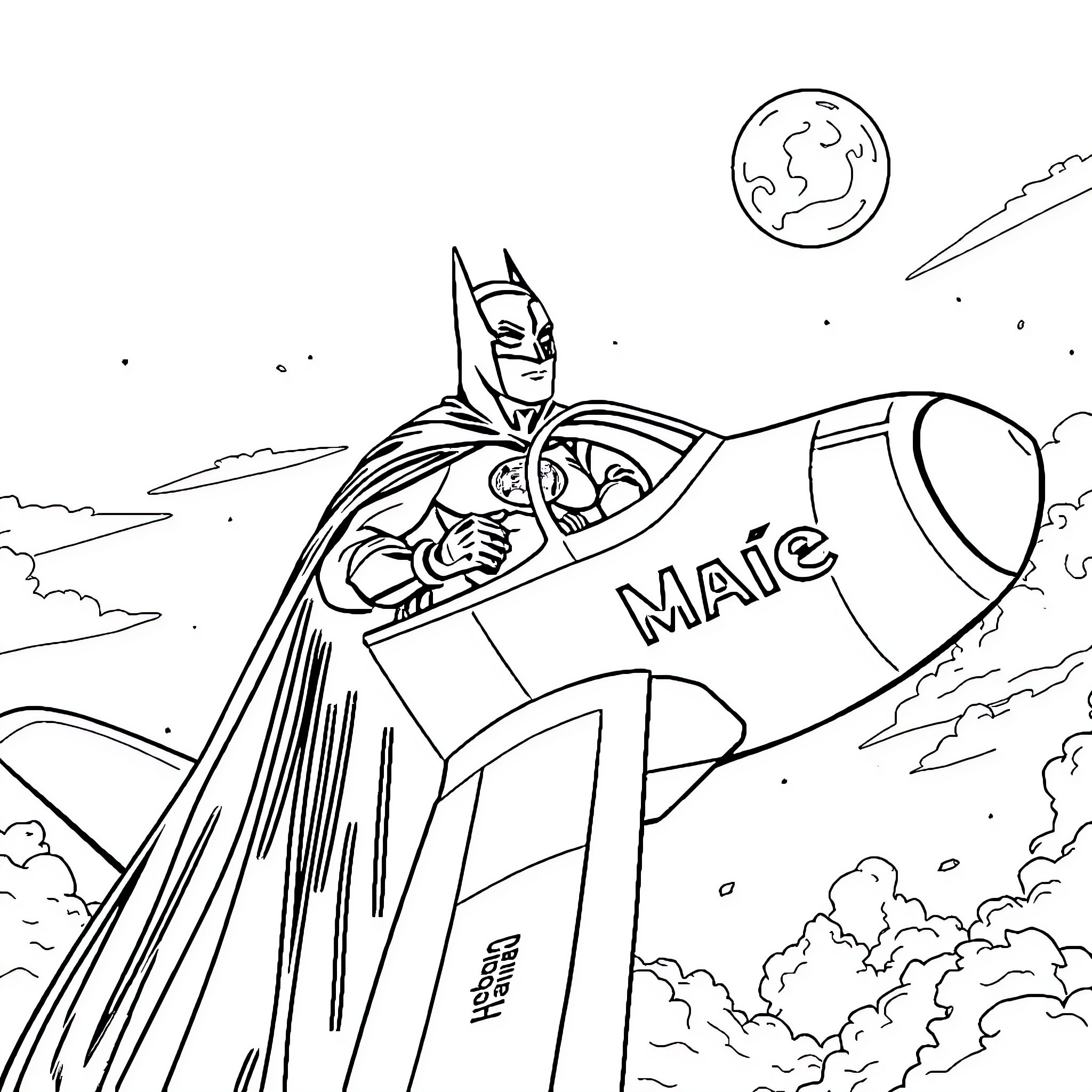 Batman riding a rocket with 'MAIIC' on it in the night sky Coloring Page (free black-and-white line drawing printable PDF for all, from beginners to advanced learners, including children, teens, adults, and seniors)
