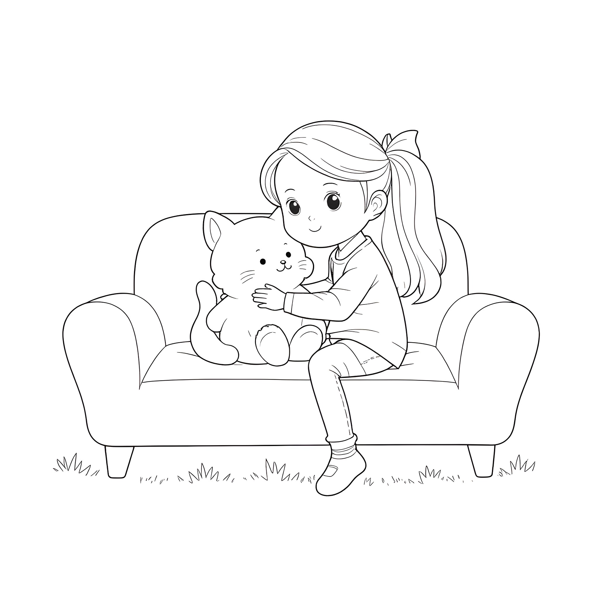 Cat cuddling with a girl on the couch Coloring Page (free black-and-white line drawing printable PDF for all, from beginners to advanced learners, including children, teens, adults, and seniors)