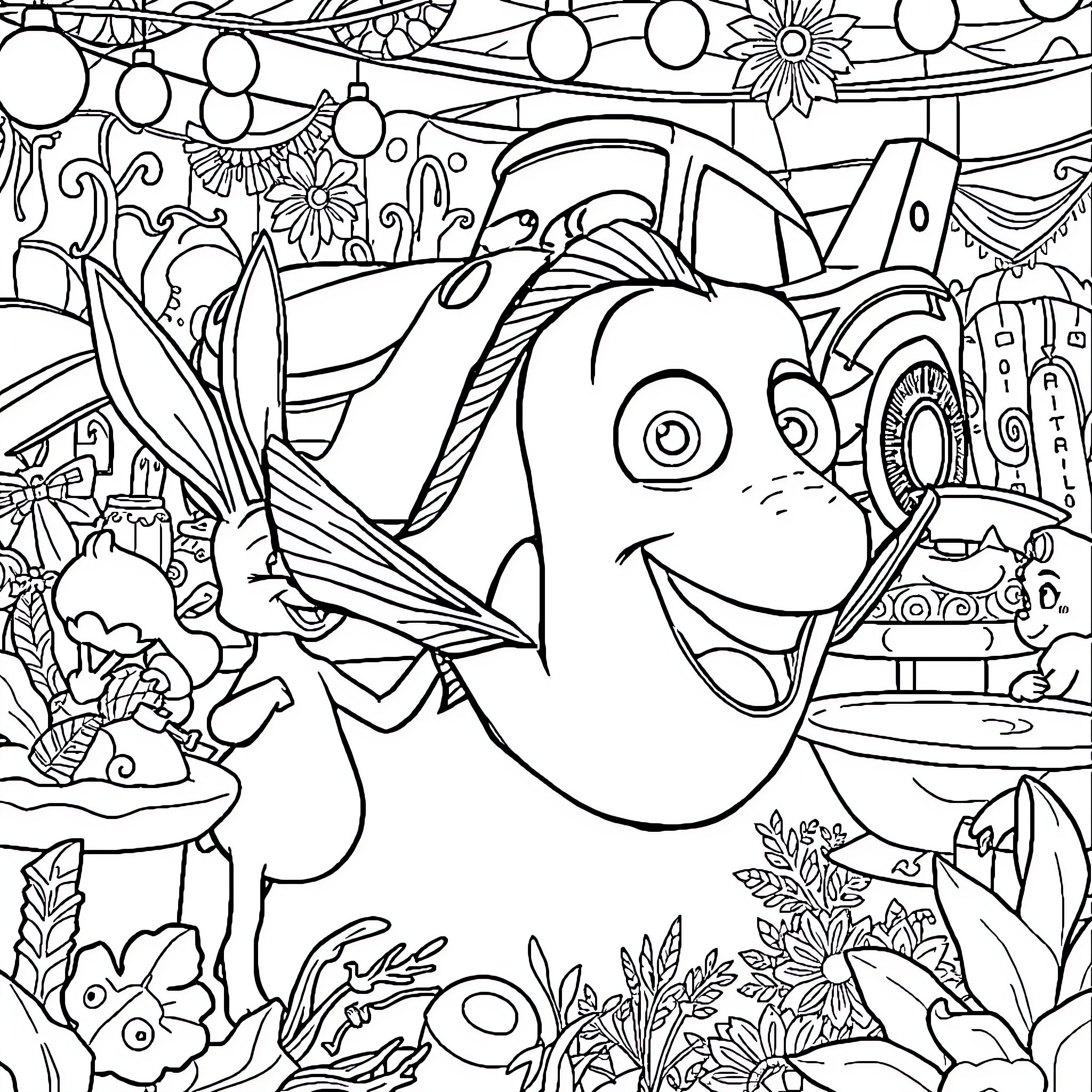 Dory's Vibrant Underwater Adventure Coloring Page (free black-and-white line drawing printable PDF for all, from beginners to advanced learners, including children, teens, adults, and seniors)