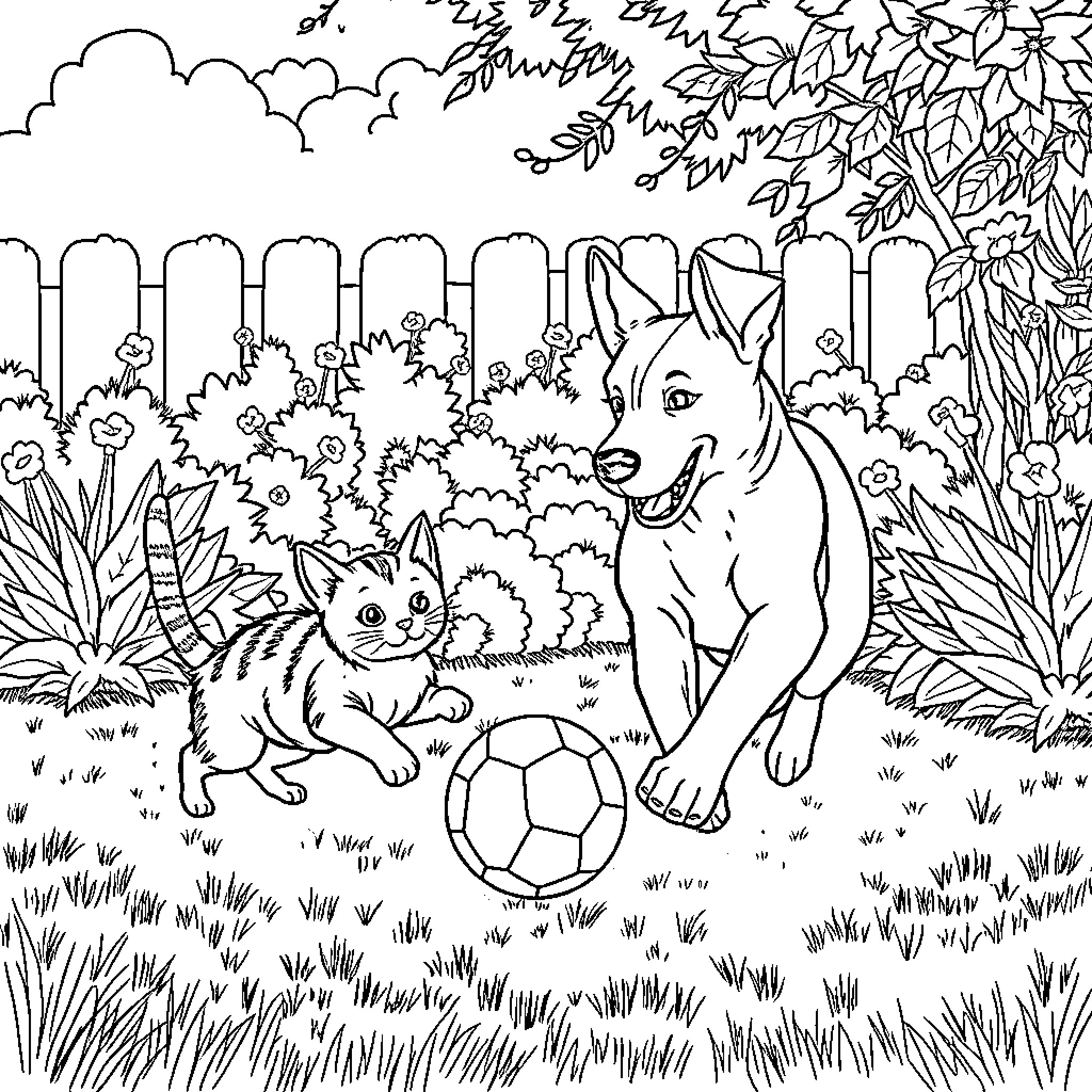 Perro y gato jugando con pelota en el jardín Coloring Page (free black-and-white line drawing printable PDF for all, from beginners to advanced learners, including children, teens, adults, and seniors)