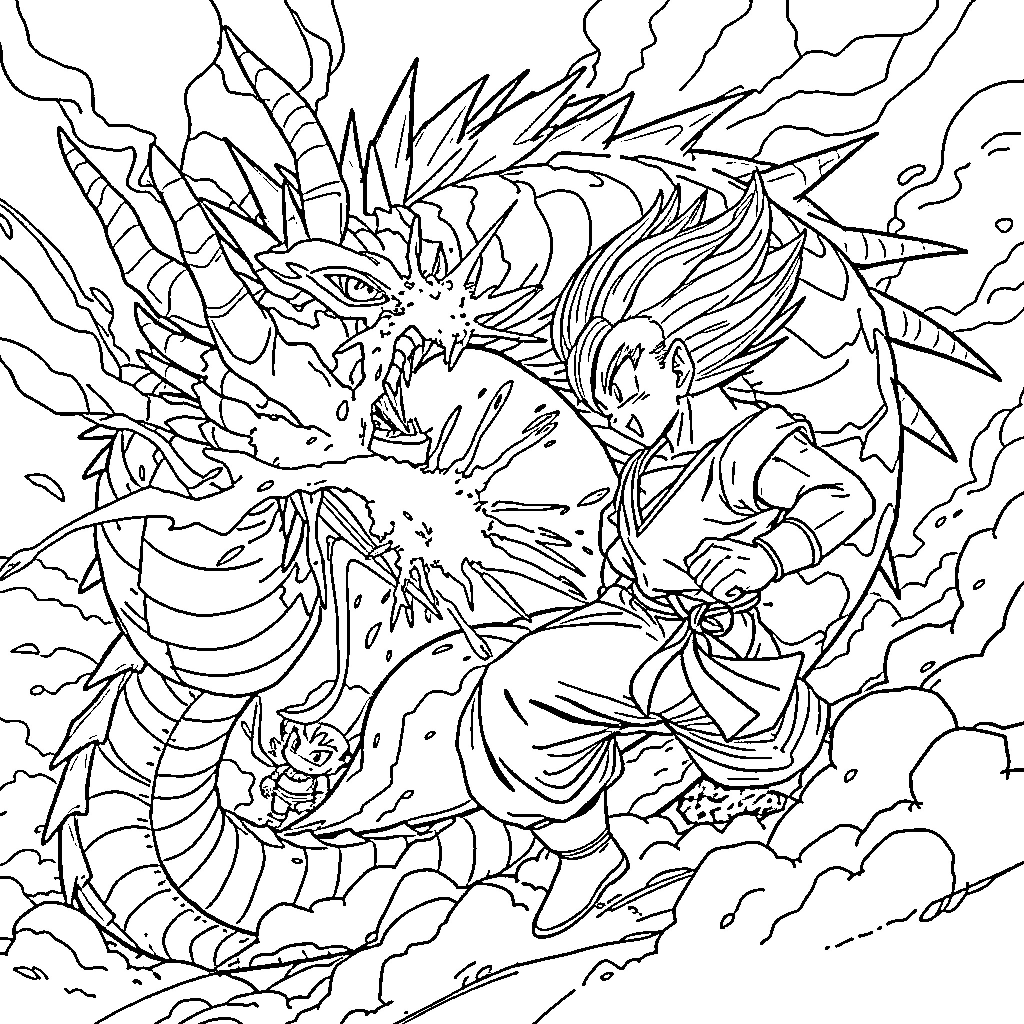 Dragon Unleashing Powerful Elemental Attack Coloring Page (free black-and-white line drawing printable PDF for all, from beginners to advanced learners, including children, teens, adults, and seniors)