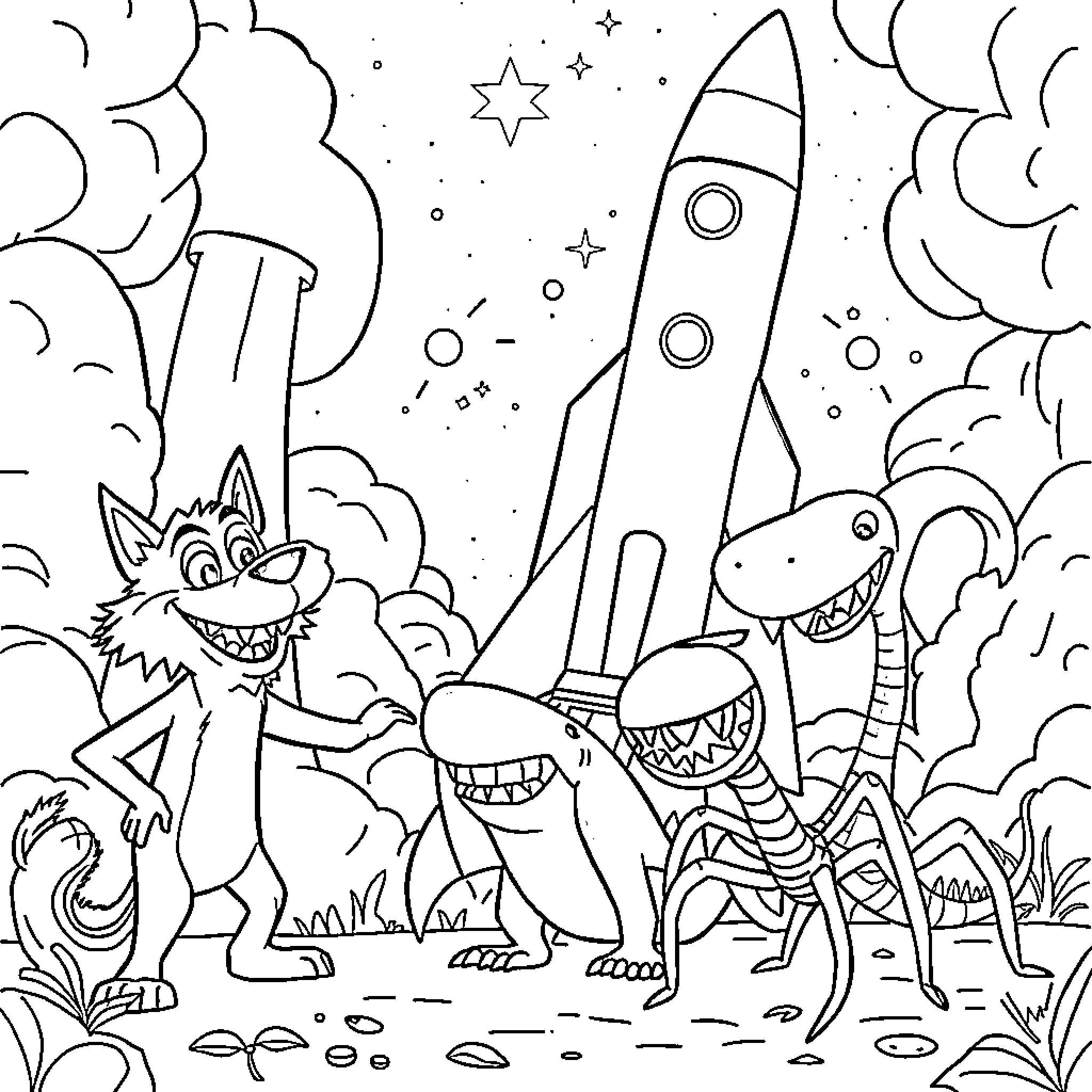 Wolf and friends exploring outer space Coloring Page (free black-and-white line drawing printable PDF for all, from beginners to advanced learners, including children, teens, adults, and seniors)