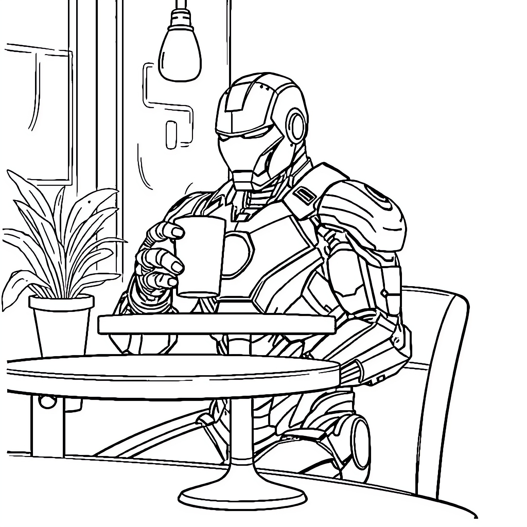 Ironman working intently at computer terminal Coloring Page (free black-and-white line drawing printable PDF for all, from beginners to advanced learners, including children, teens, adults, and seniors)
