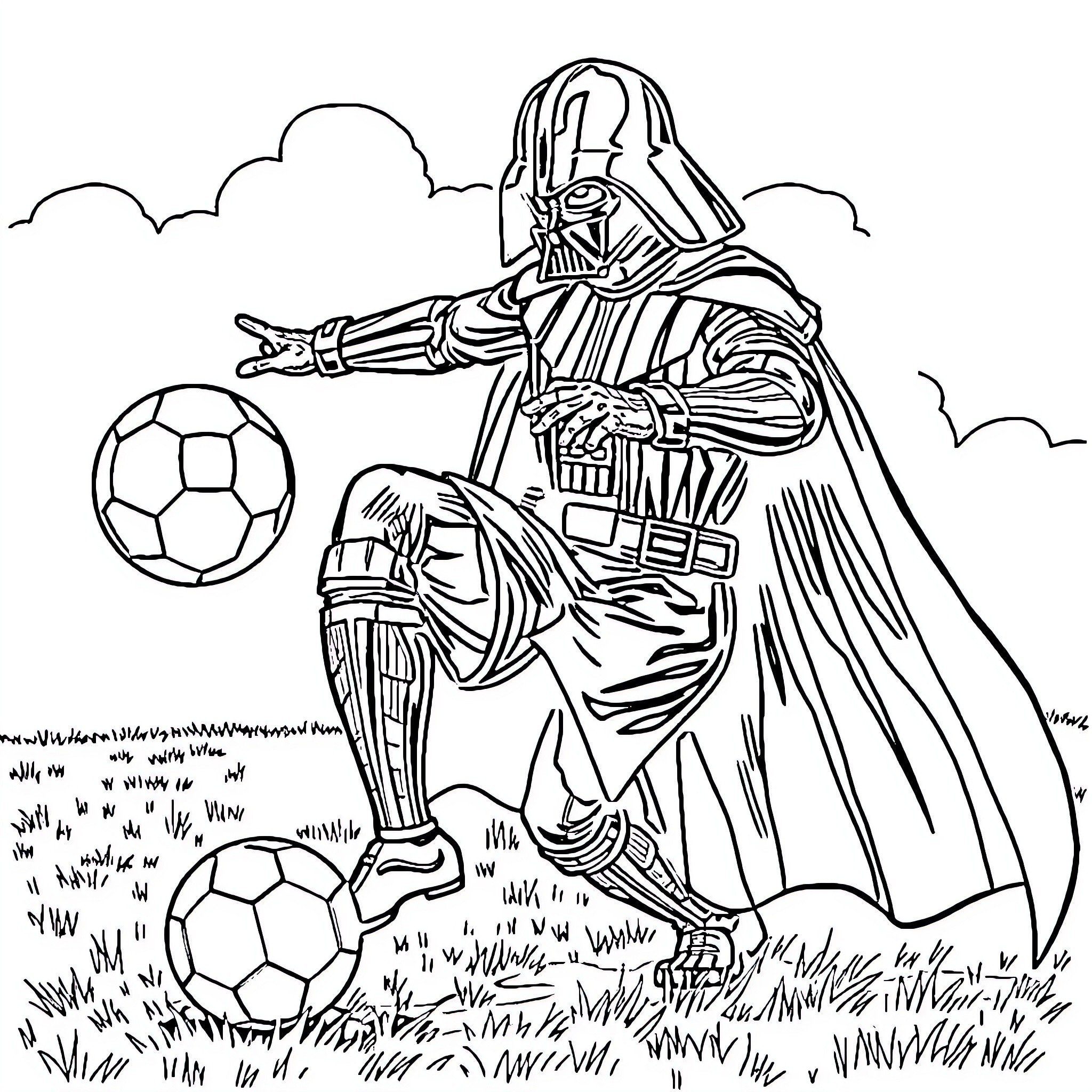 Darth Vader playing with soccer balls in the field Coloring Page (free black-and-white line drawing printable PDF for all, from beginners to advanced learners, including children, teens, adults, and seniors)
