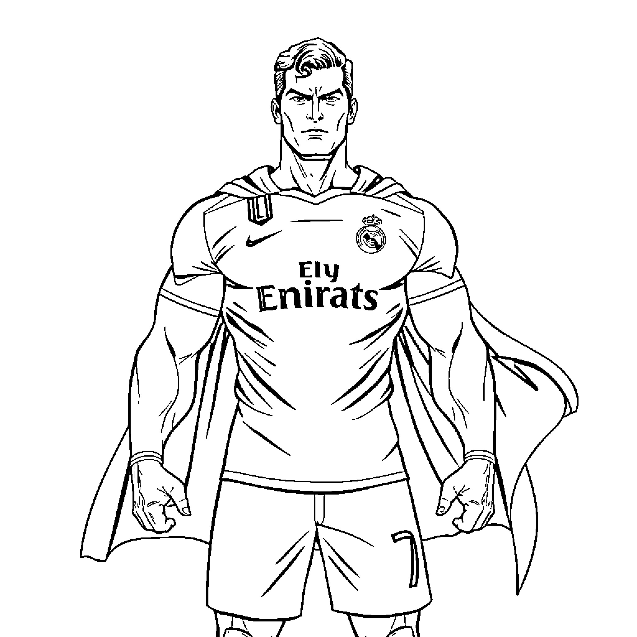 Superman in Real Madrid Uniform Coloring Page (free black-and-white line drawing printable PDF for all, from beginners to advanced learners, including children, teens, adults, and seniors)