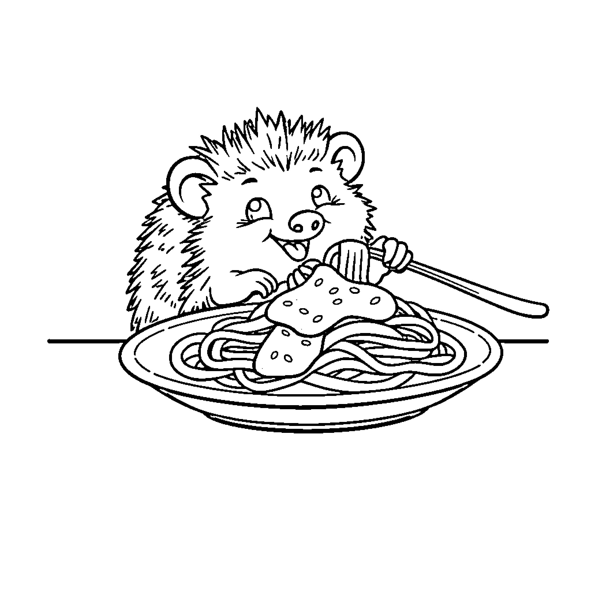 Hedgehog happily eating pasta meal Coloring Page (free black-and-white line drawing printable PDF for all, from beginners to advanced learners, including children, teens, adults, and seniors)