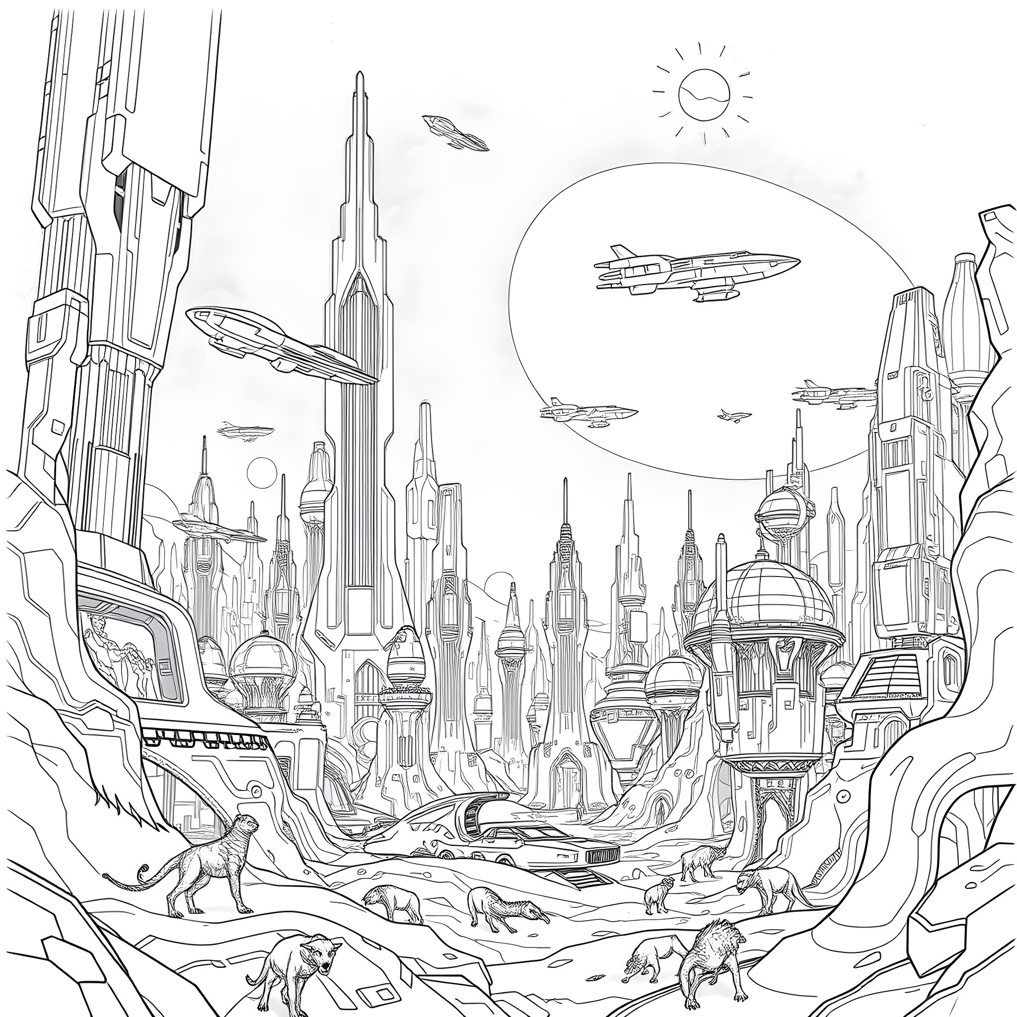 World of Advanced Futuristic City Architecture Coloring Page (free black-and-white line drawing printable PDF for all, from beginners to advanced learners, including children, teens, adults, and seniors)