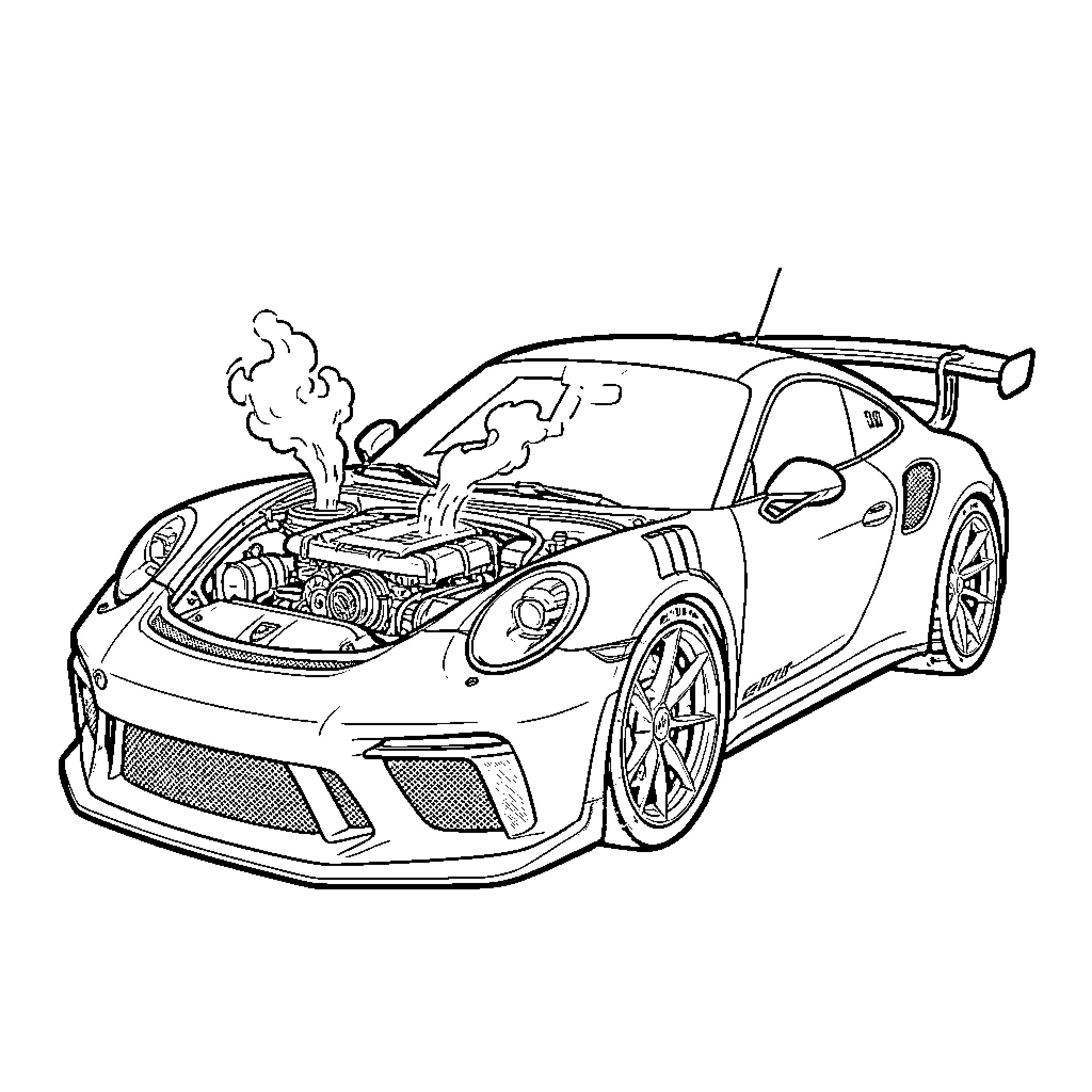 Porsche sports car with engine smoking under the hood Coloring Page (free black-and-white line drawing printable PDF for all, from beginners to advanced learners, including children, teens, adults, and seniors)
