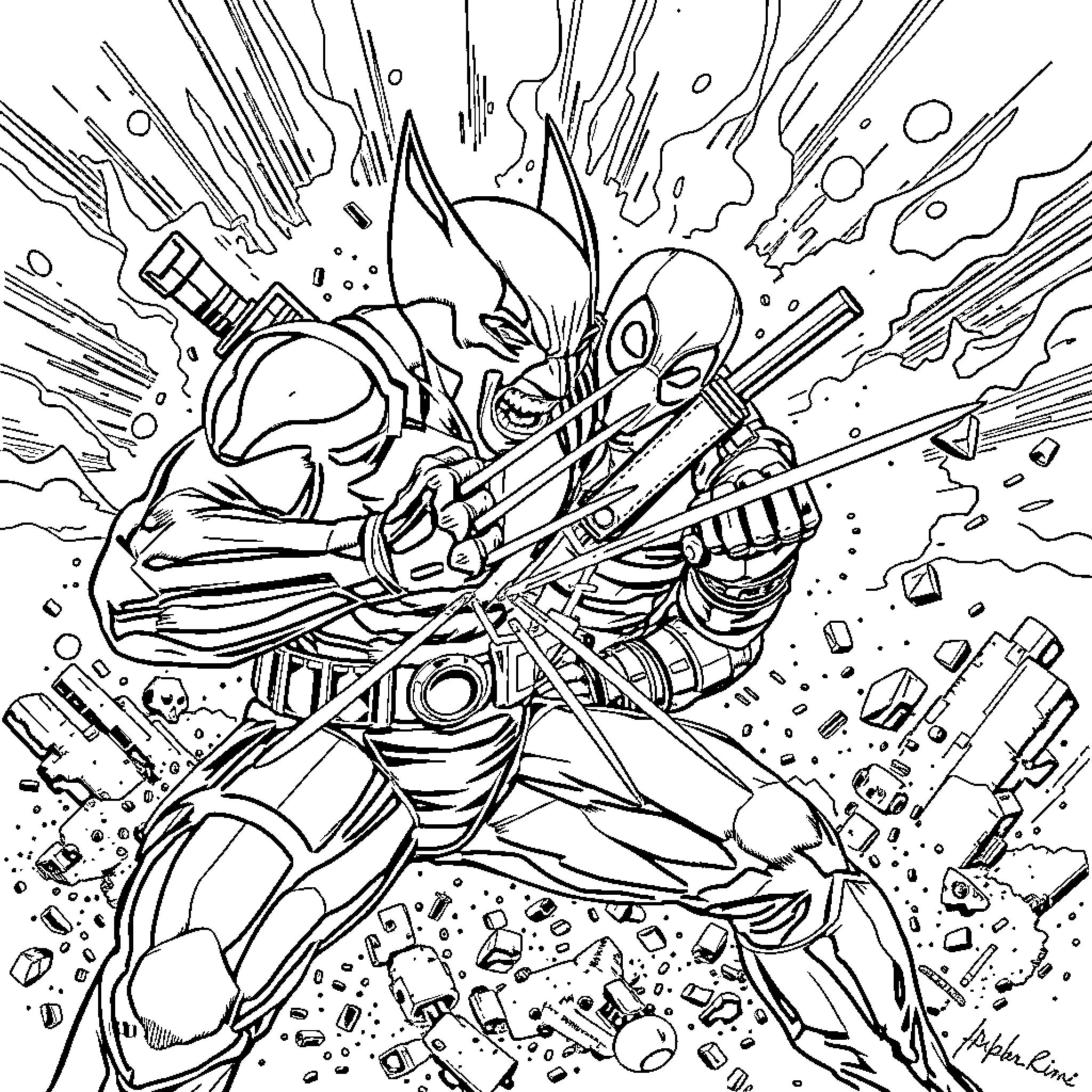 Wolverine's Fierce Combat Engagement Coloring Page (free black-and-white line drawing printable PDF for all, from beginners to advanced learners, including children, teens, adults, and seniors)