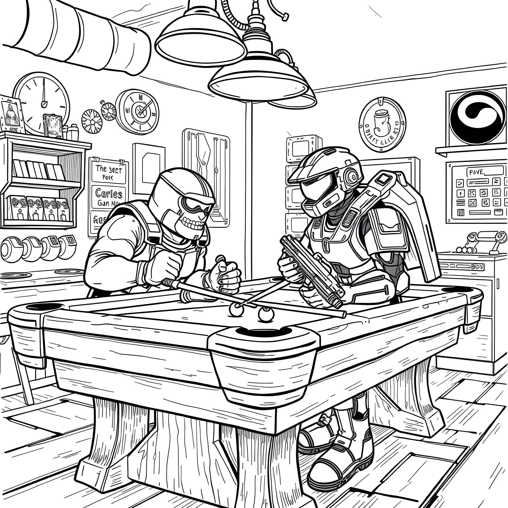 Doom Guy plays video games in his workshop Coloring Page (free black-and-white line drawing printable PDF for all, from beginners to advanced learners, including children, teens, adults, and seniors)