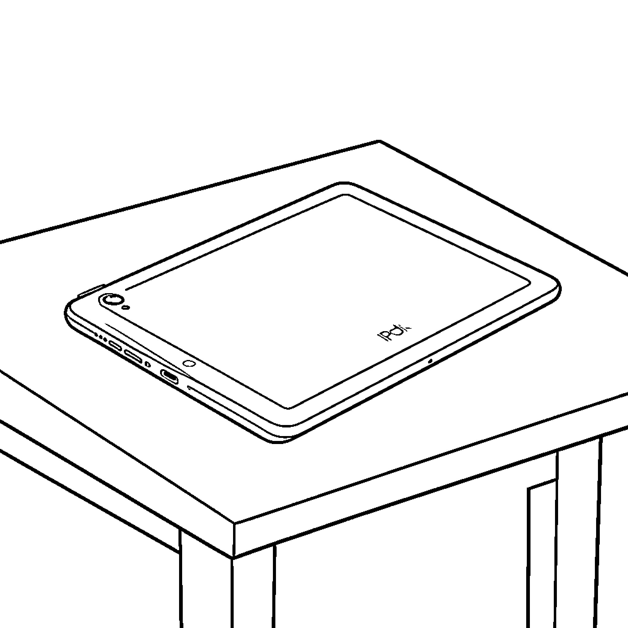Ipad lying flat on a wooden table surface Coloring Page (free black-and-white line drawing printable PDF for all, from beginners to advanced learners, including children, teens, adults, and seniors)