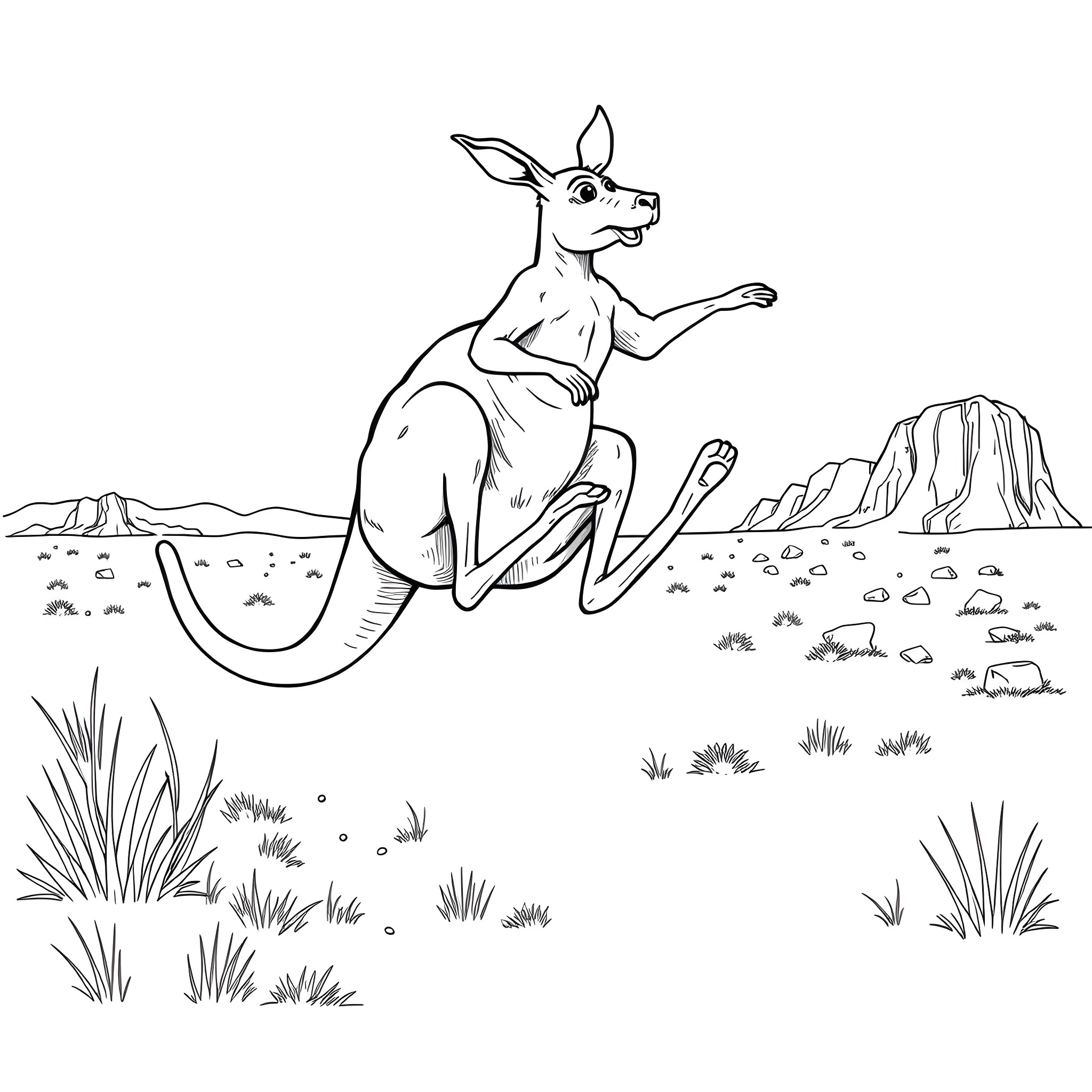 Kangaroo hopping through the desert landscape Coloring Page (free black-and-white line drawing printable PDF for all, from beginners to advanced learners, including children, teens, adults, and seniors)