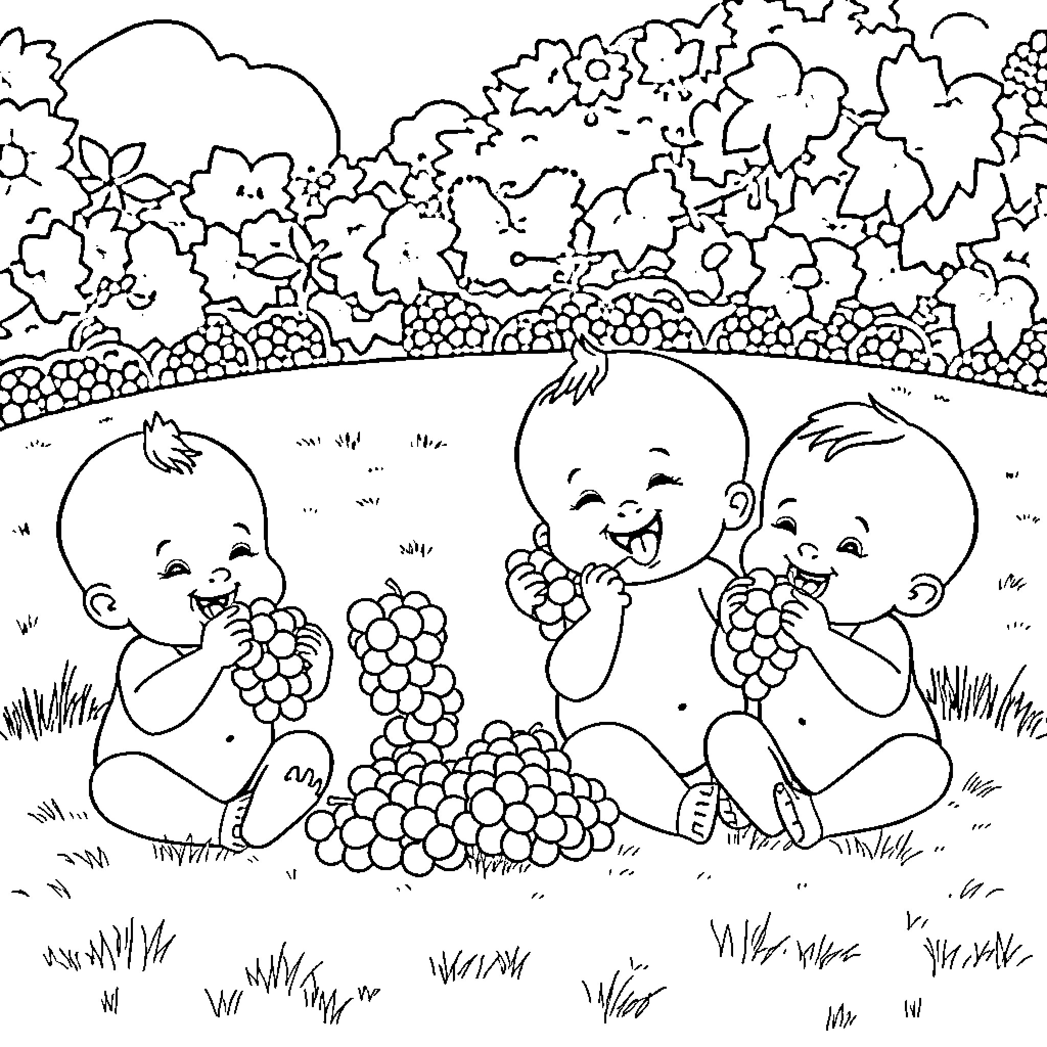 Baby Babies Enjoying Grapes in Garden Coloring Page (free black-and-white line drawing printable PDF for all, from beginners to advanced learners, including children, teens, adults, and seniors)