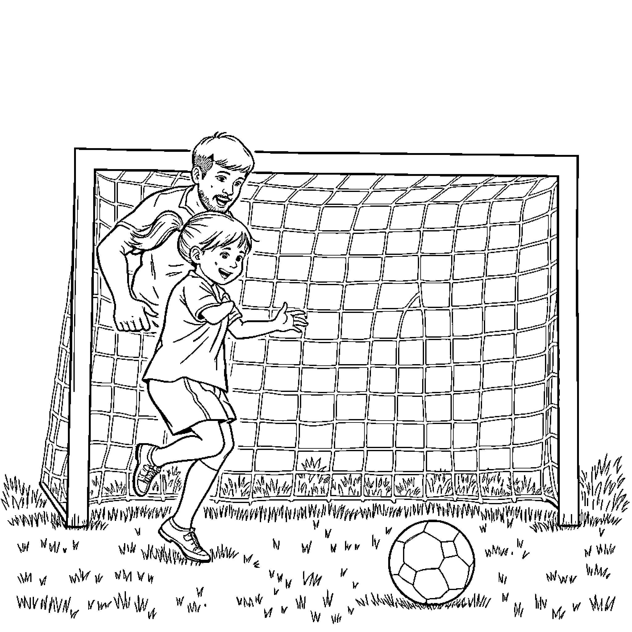 Soccer players scoring a goal on the field Coloring Page (free black-and-white line drawing printable PDF for all, from beginners to advanced learners, including children, teens, adults, and seniors)