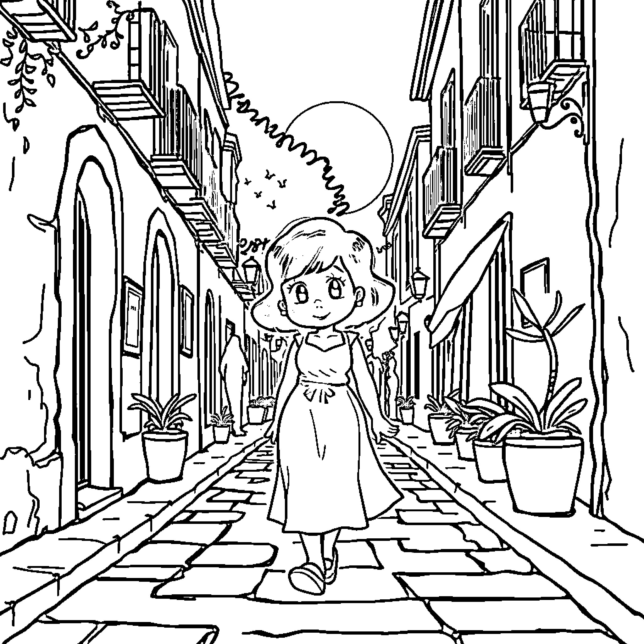 Mafalda exploring the charming city streets Coloring Page (free black-and-white line drawing printable PDF for all, from beginners to advanced learners, including children, teens, adults, and seniors)
