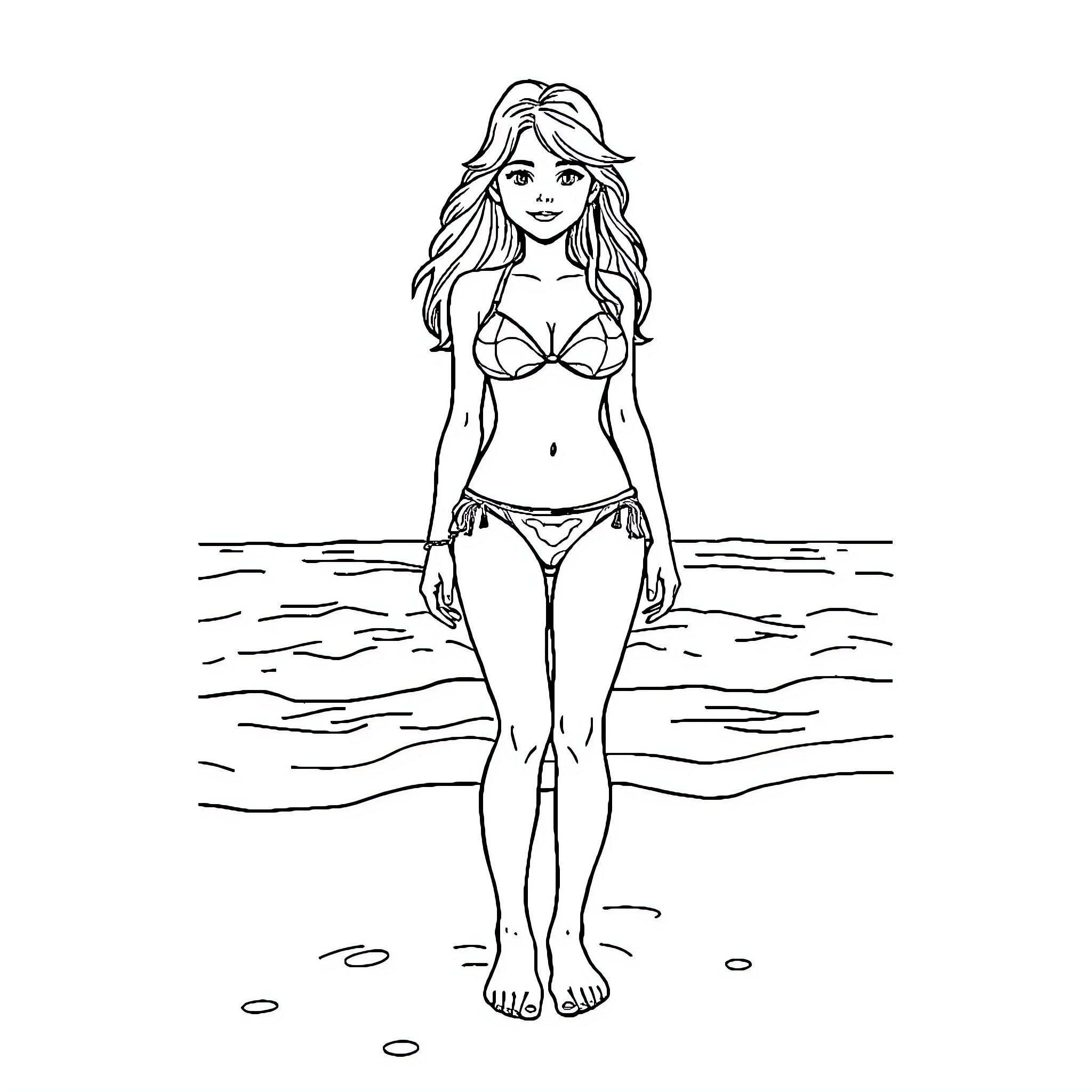 Girl in swimsuit standing on the beach Coloring Page (free black-and-white line drawing printable PDF for all, from beginners to advanced learners, including children, teens, adults, and seniors)