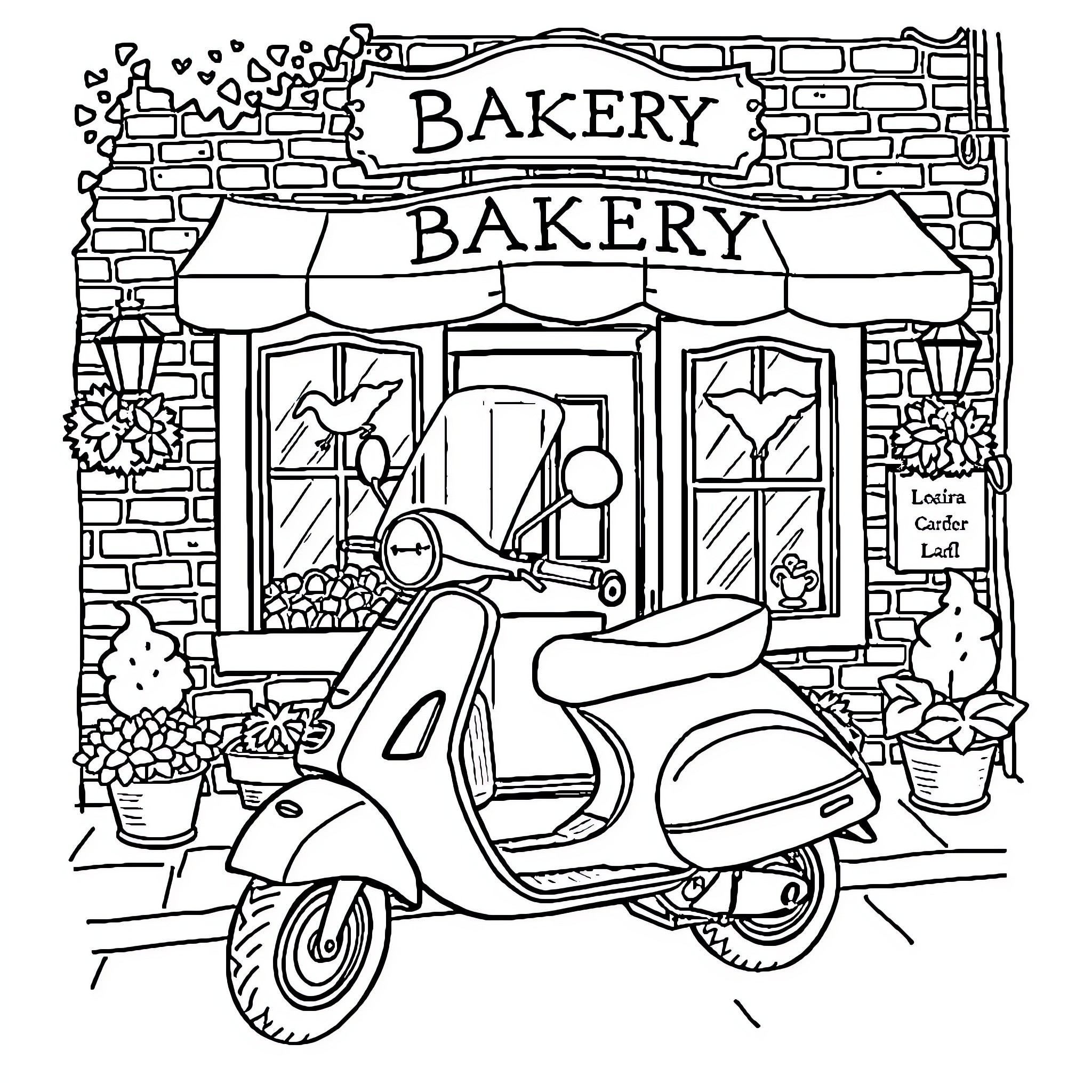 Piaggio Ape parked outside a charming bakery Coloring Page (free black-and-white line drawing printable PDF for all, from beginners to advanced learners, including children, teens, adults, and seniors)