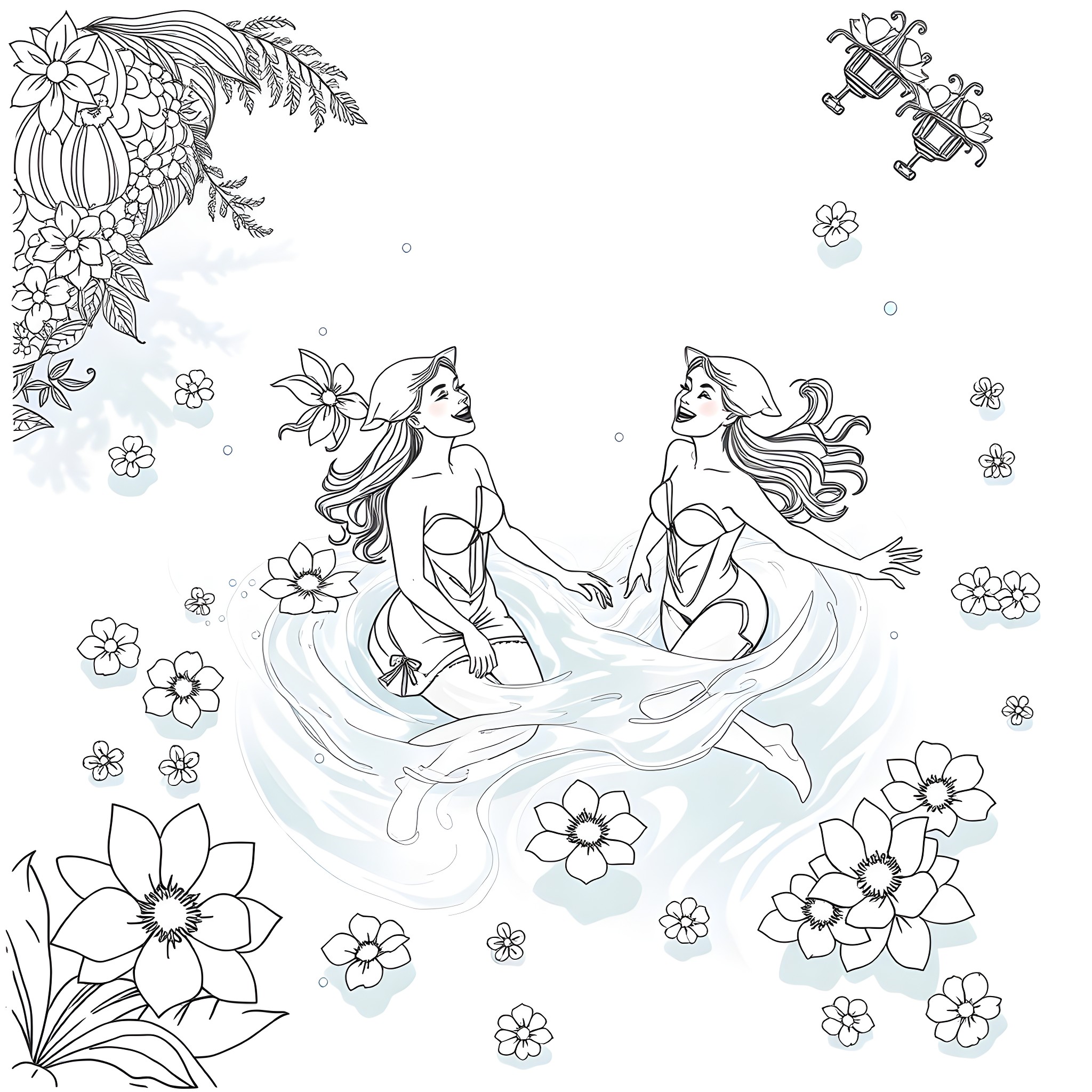 Model of two women in floral garden Coloring Page (free black-and-white line drawing printable PDF for all, from beginners to advanced learners, including children, teens, adults, and seniors)