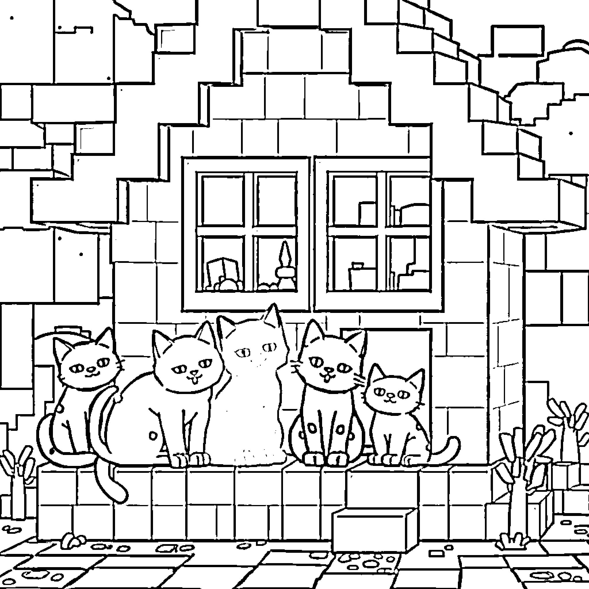 House with Playful Cats Coloring Page (free black-and-white line drawing printable PDF for all, from beginners to advanced learners, including children, teens, adults, and seniors)