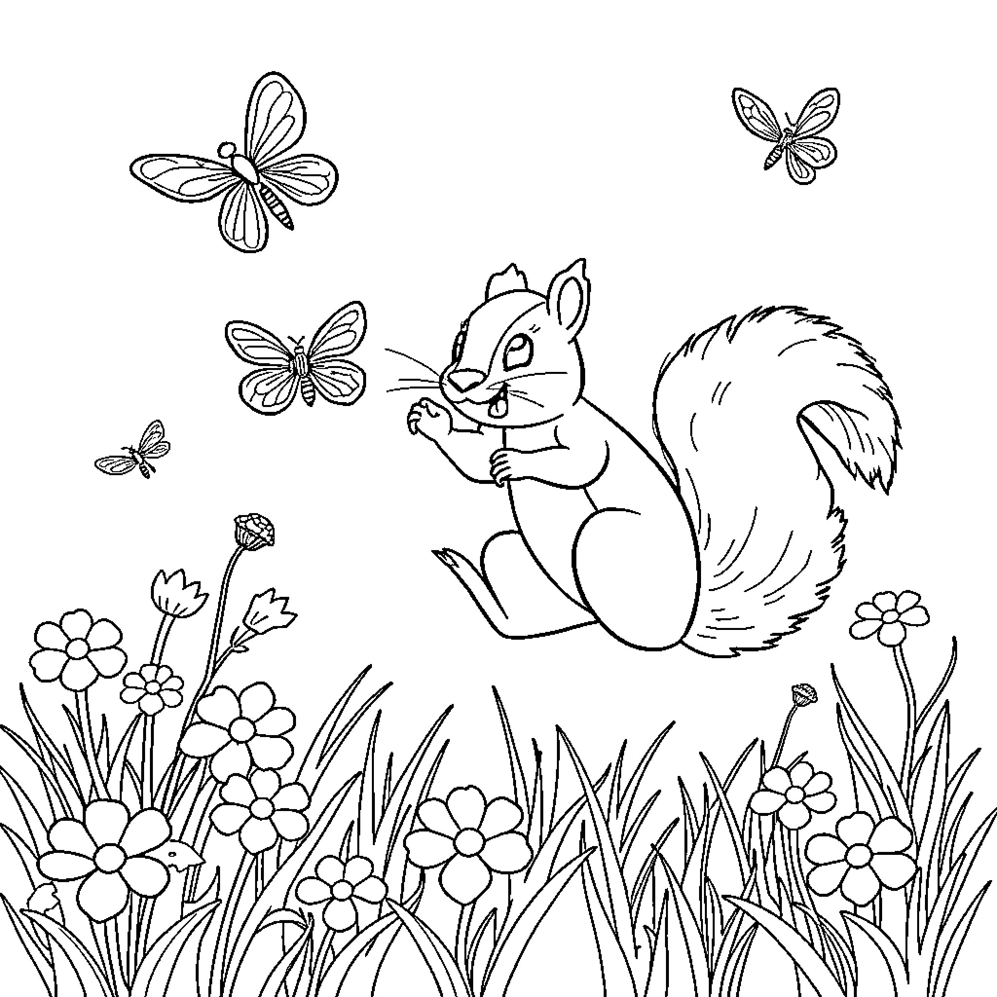 Squirrel chasing butterflies in a flower meadow Coloring Page (free black-and-white line drawing printable PDF for all, from beginners to advanced learners, including children, teens, adults, and seniors)