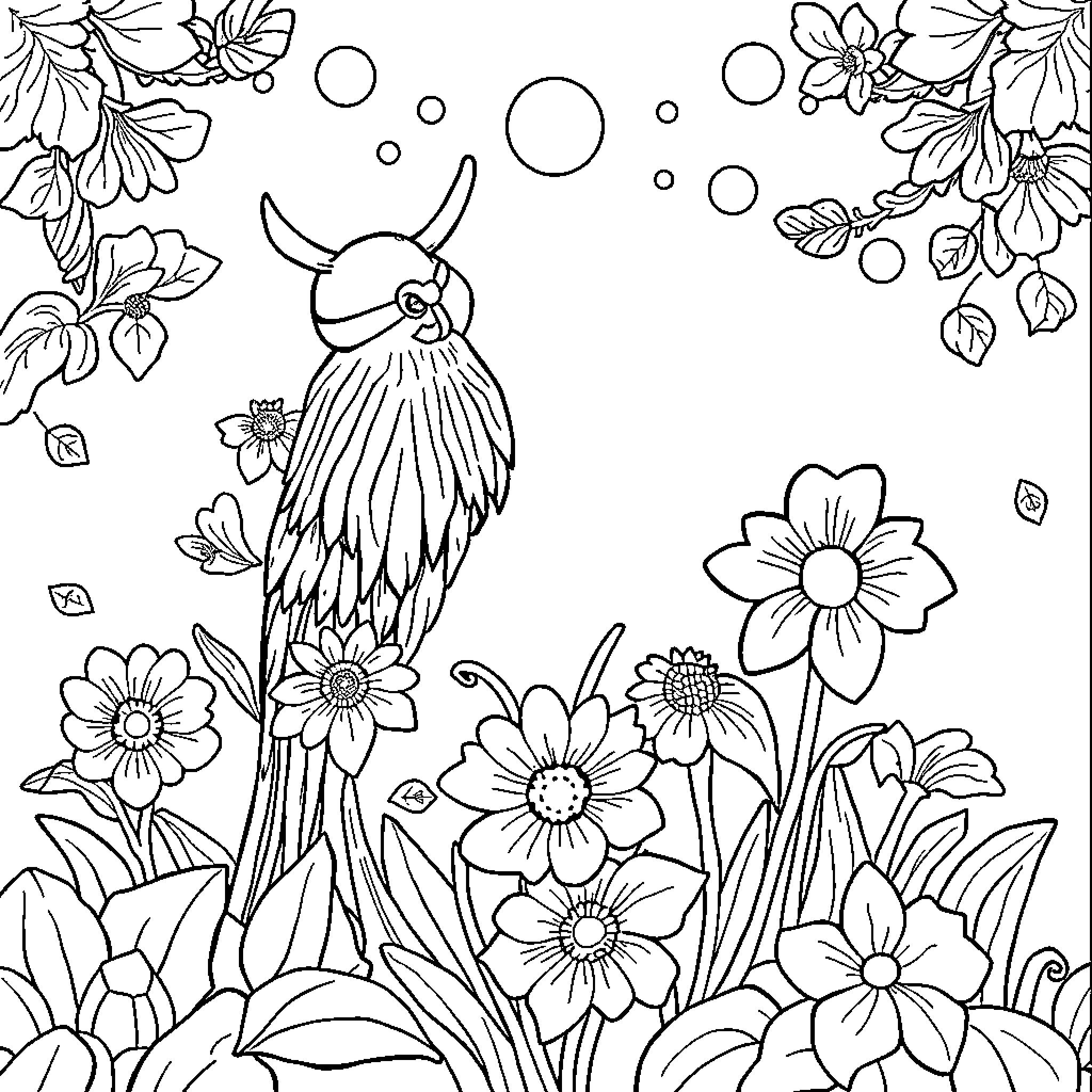 Cat among flowers and bubbles Coloring Page (free black-and-white line drawing printable PDF for all, from beginners to advanced learners, including children, teens, adults, and seniors)
