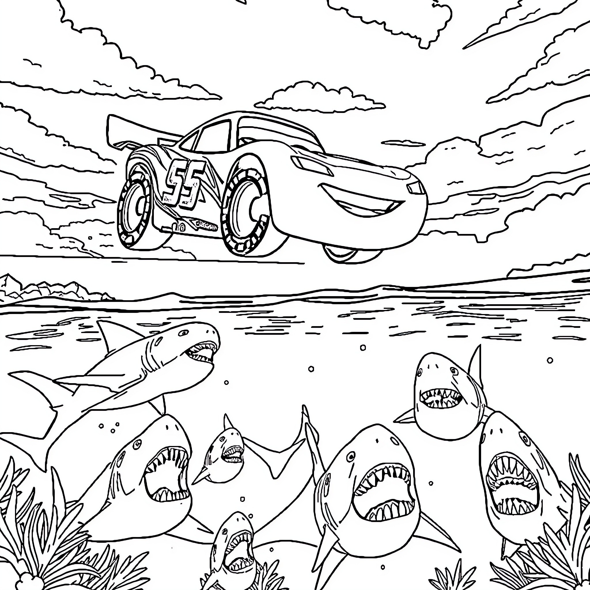 Lightning McQueen's Thrilling Underwater Adventure Coloring Page (free black-and-white line drawing printable PDF for all, from beginners to advanced learners, including children, teens, adults, and seniors)