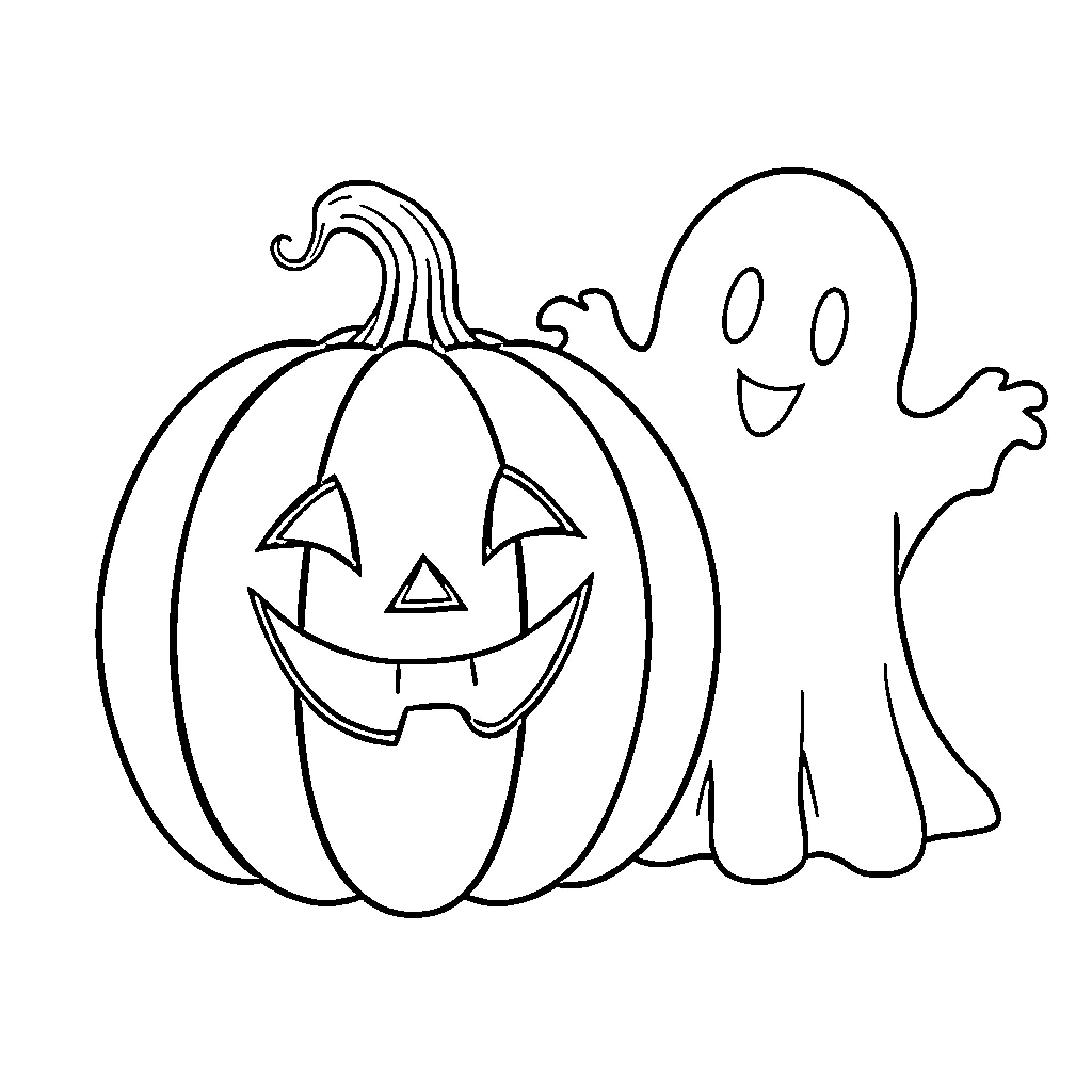 Pumpkin and friendly ghost enjoying Halloween Coloring Page (free black-and-white line drawing printable PDF for all, from beginners to advanced learners, including children, teens, adults, and seniors)