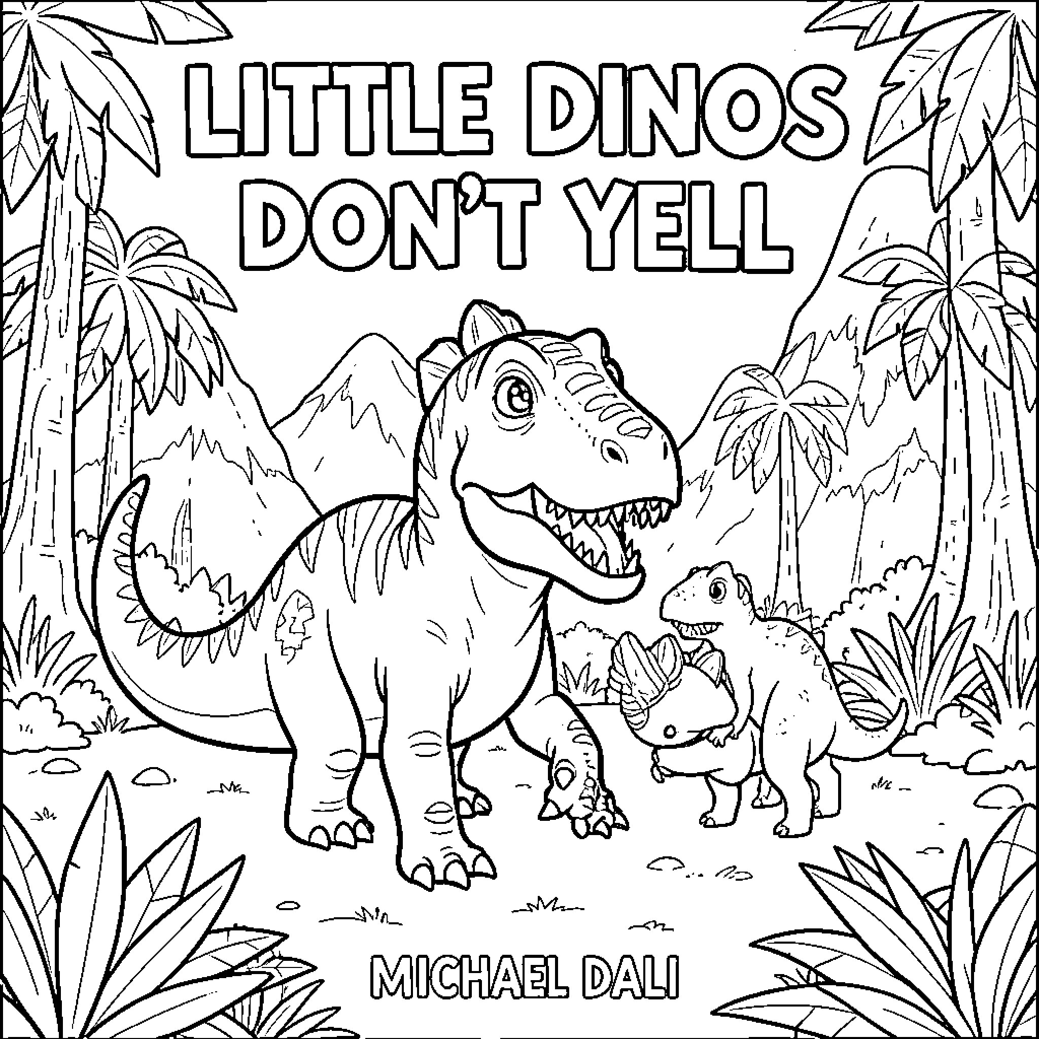 Dino parents teaching their little ones to be calm Coloring Page (free black-and-white line drawing printable PDF for all, from beginners to advanced learners, including children, teens, adults, and seniors)