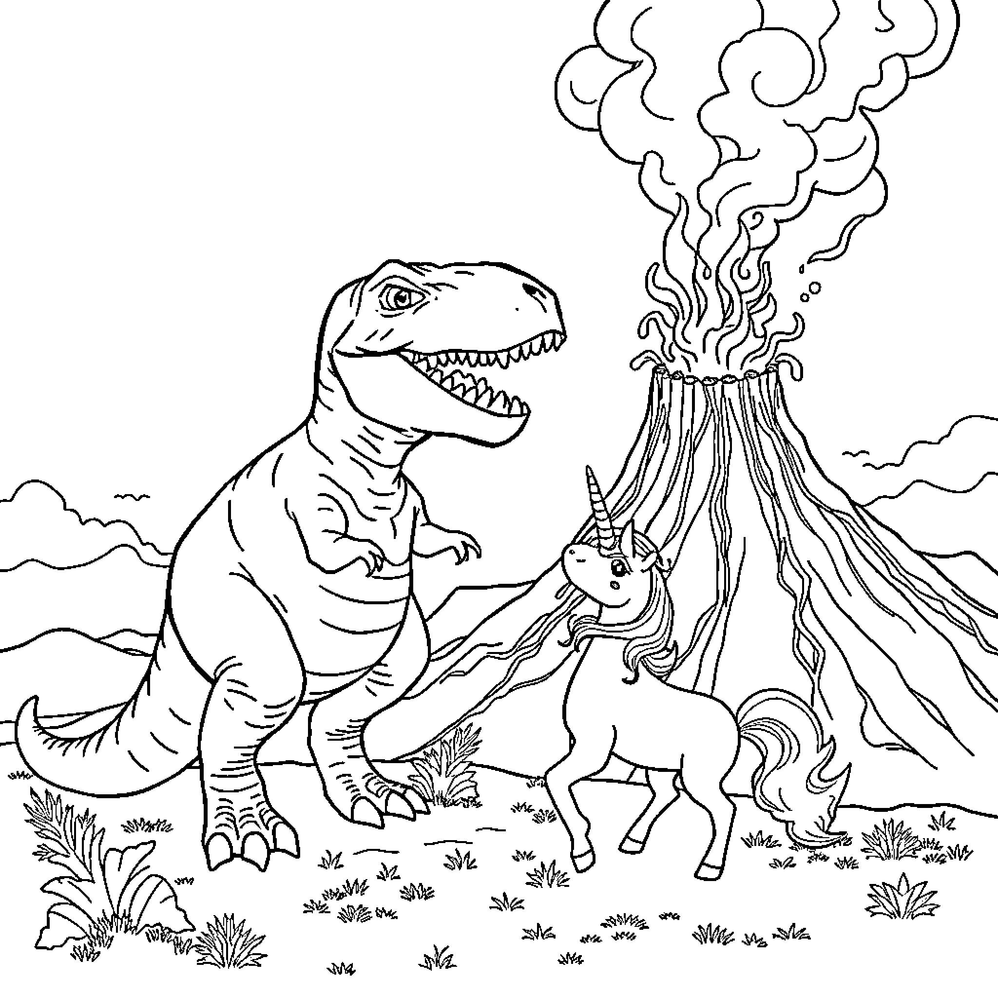 T-Rex Encounters Unicorn and Volcano Coloring Page (free black-and-white line drawing printable PDF for all, from beginners to advanced learners, including children, teens, adults, and seniors)