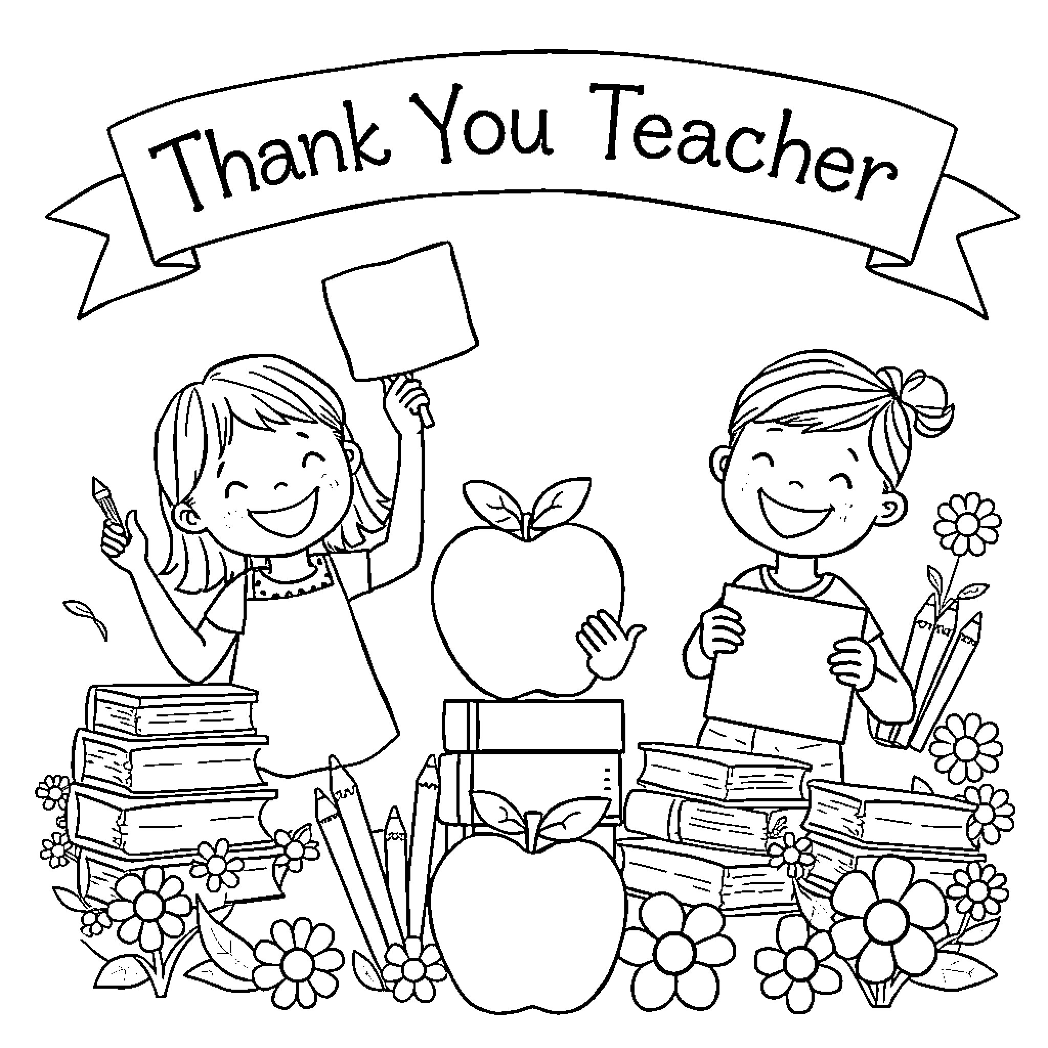 Teacher Appreciated by Grateful Students Coloring Page (free black-and-white line drawing printable PDF for all, from beginners to advanced learners, including children, teens, adults, and seniors)
