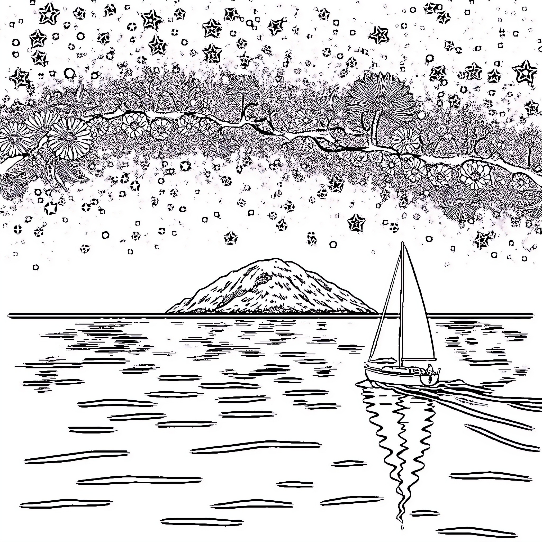 Sailboat sailing across the serene lake under the starry sky Coloring Page (free black-and-white line drawing printable PDF for all, from beginners to advanced learners, including children, teens, adults, and seniors)