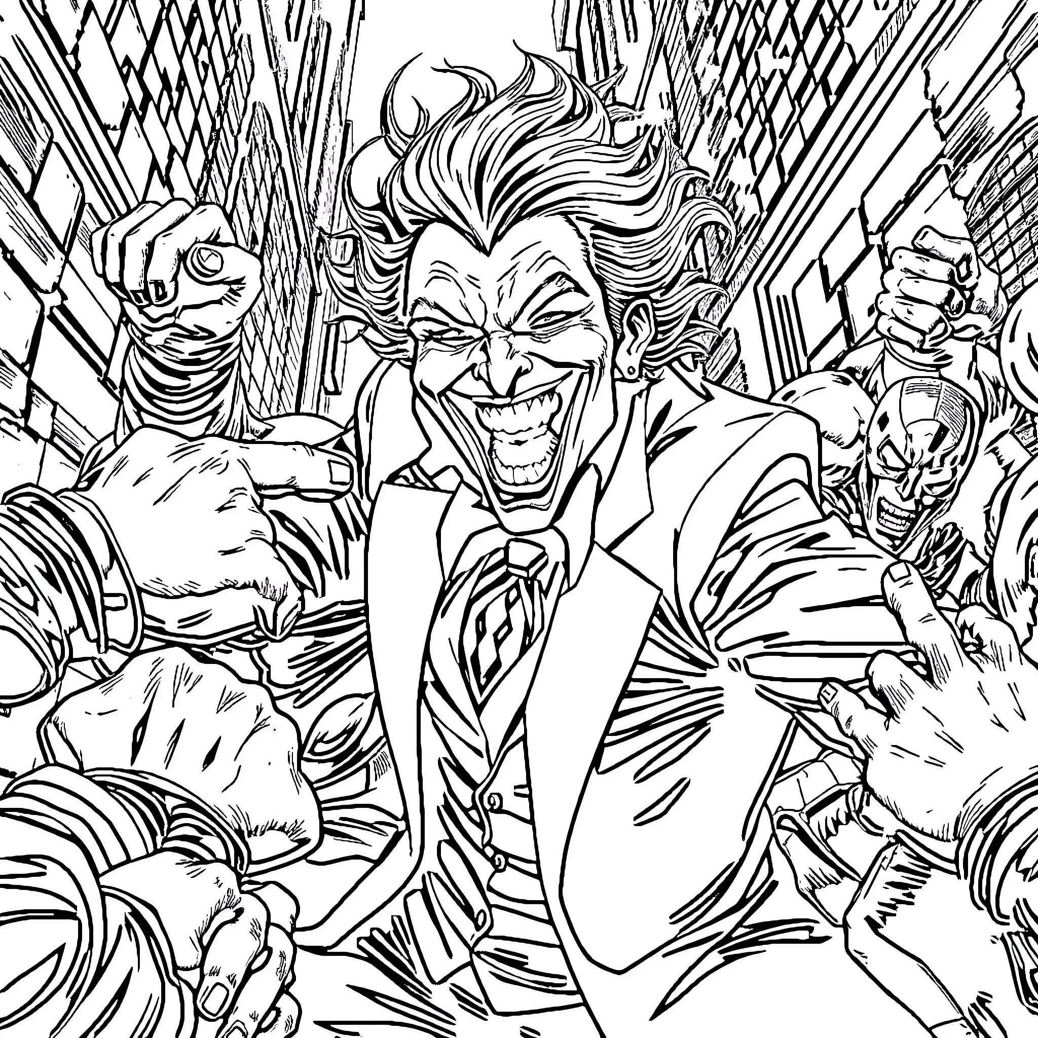 Joker's Chaotic Grin: A Study in Mischief and Mayhem Coloring Page (free black-and-white line drawing printable PDF for all, from beginners to advanced learners, including children, teens, adults, and seniors)