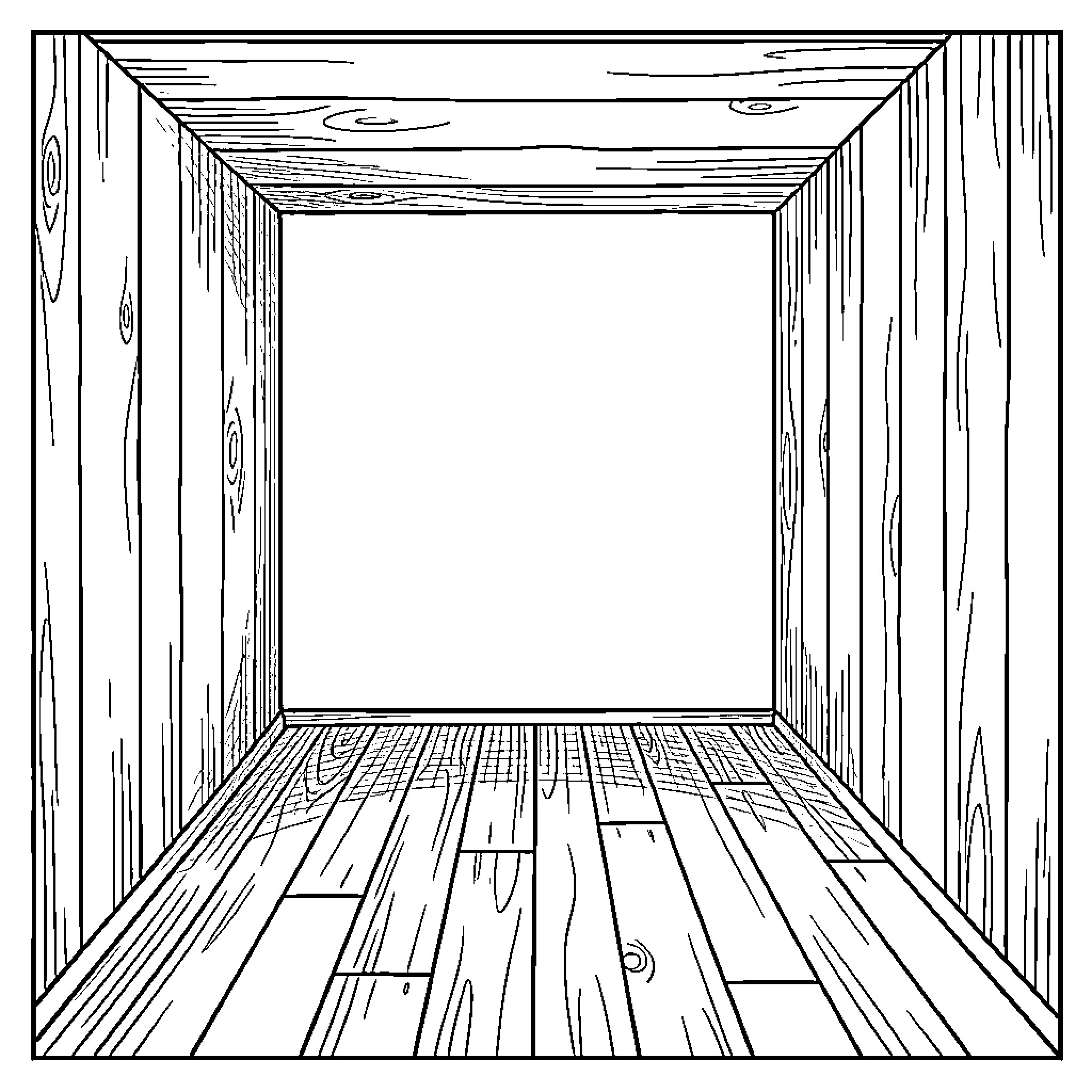 Dark Empty Wooden Room Interior Coloring Page (free black-and-white line drawing printable PDF for all, from beginners to advanced learners, including children, teens, adults, and seniors)