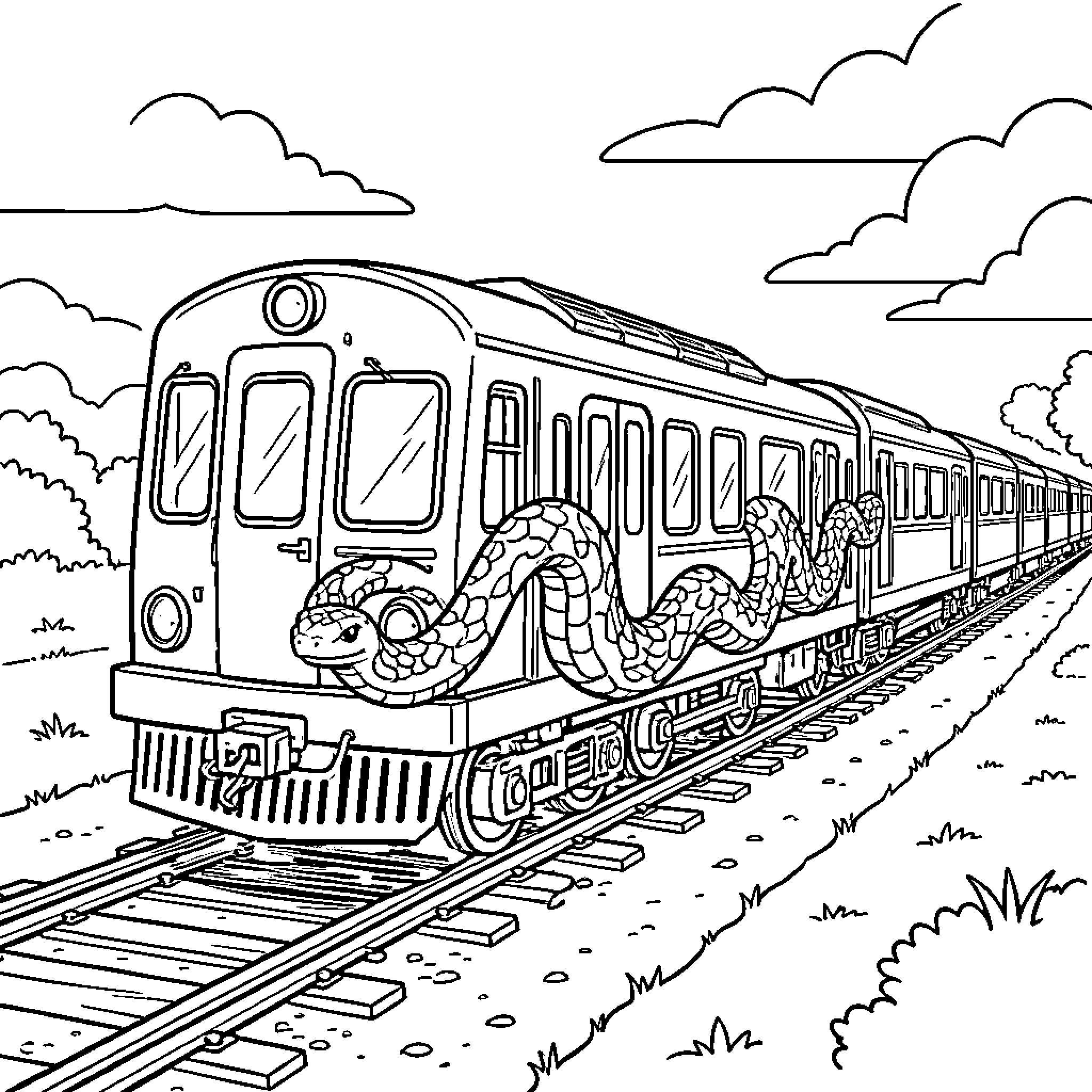 Train with a large snake slithering along the side Coloring Page (free black-and-white line drawing printable PDF for all, from beginners to advanced learners, including children, teens, adults, and seniors)