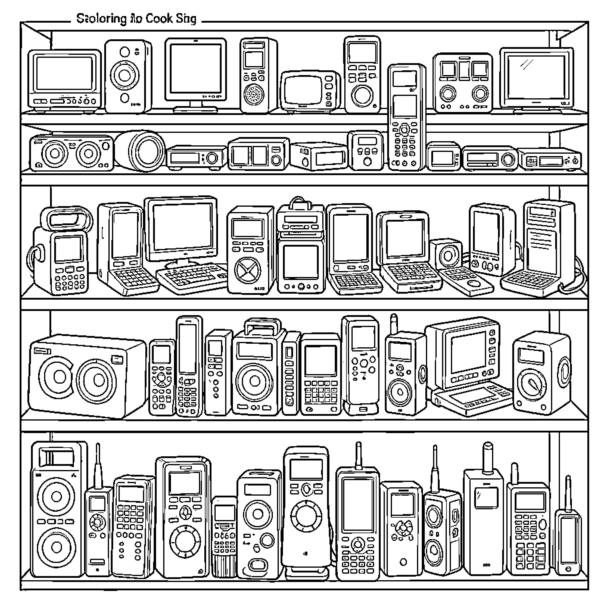 Electronic Device collection displayed on multiple shelves Coloring Page (free black-and-white line drawing printable PDF for all, from beginners to advanced learners, including children, teens, adults, and seniors)