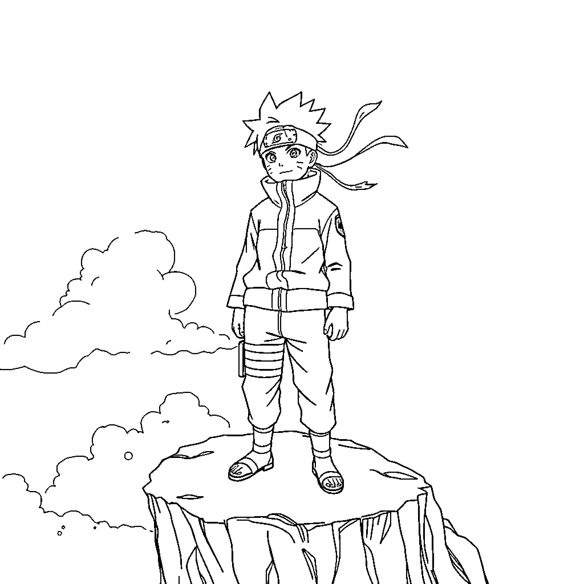Naruto character on a cliff overlooking clouds Coloring Page (free black-and-white line drawing printable PDF for all, from beginners to advanced learners, including children, teens, adults, and seniors)