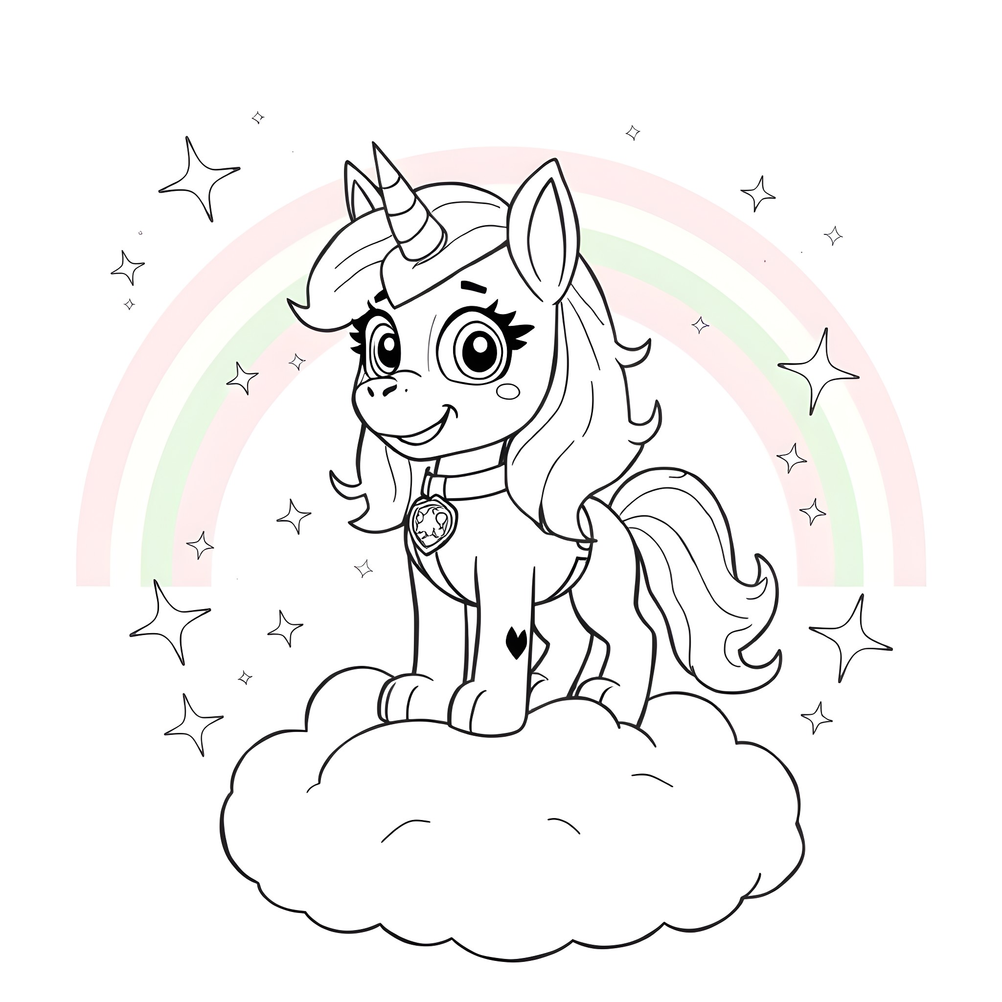 Skye's Magical Unicorn Adventure Coloring Page (free black-and-white line drawing printable PDF for all, from beginners to advanced learners, including children, teens, adults, and seniors)