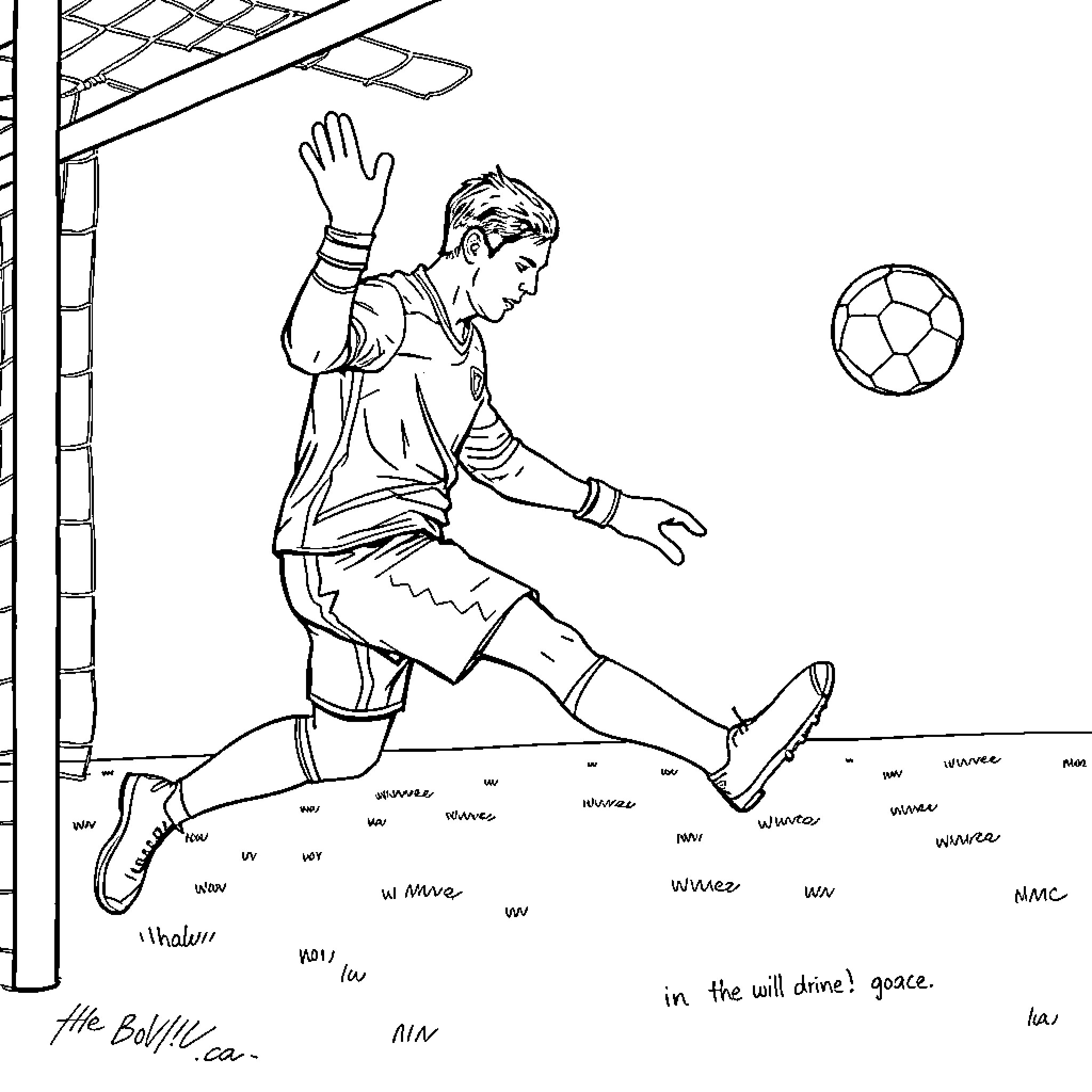 Goalkeeper leaping to make a save Coloring Page (free black-and-white line drawing printable PDF for all, from beginners to advanced learners, including children, teens, adults, and seniors)