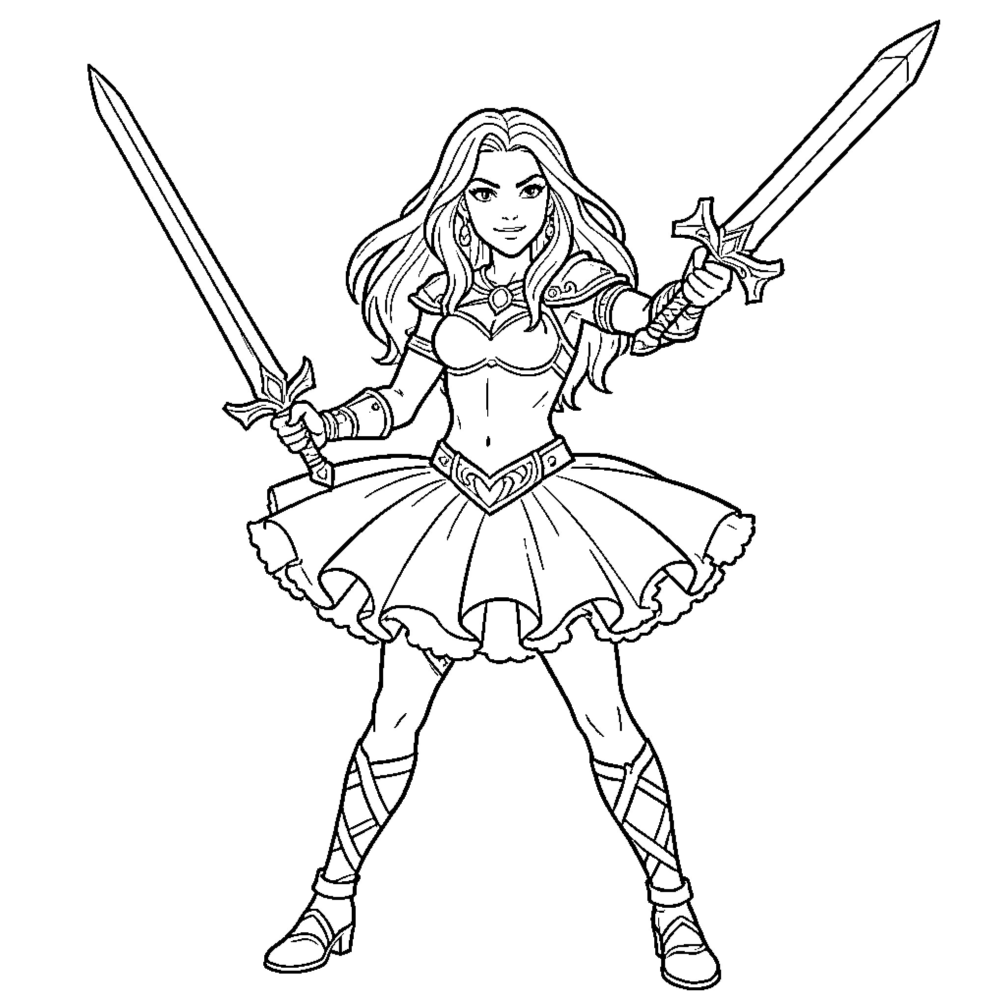 Xena the Warrior Princess wielding dual swords Coloring Page (free black-and-white line drawing printable PDF for all, from beginners to advanced learners, including children, teens, adults, and seniors)