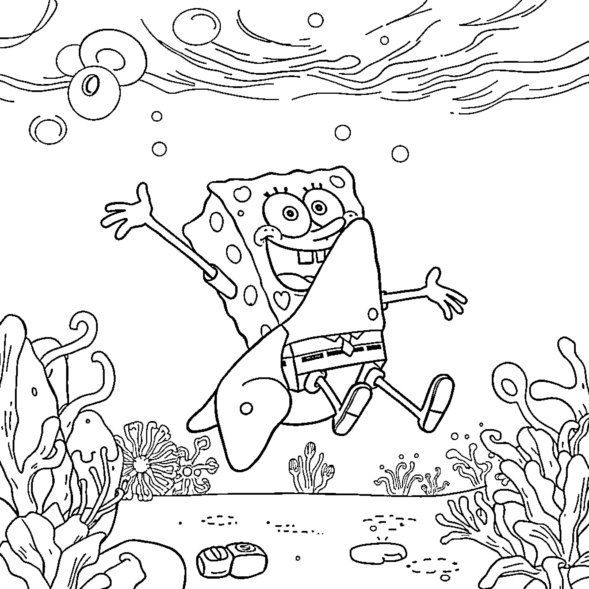Spongebob joyfully frolicking in the underwater ocean Coloring Page (free black-and-white line drawing printable PDF for all, from beginners to advanced learners, including children, teens, adults, and seniors)