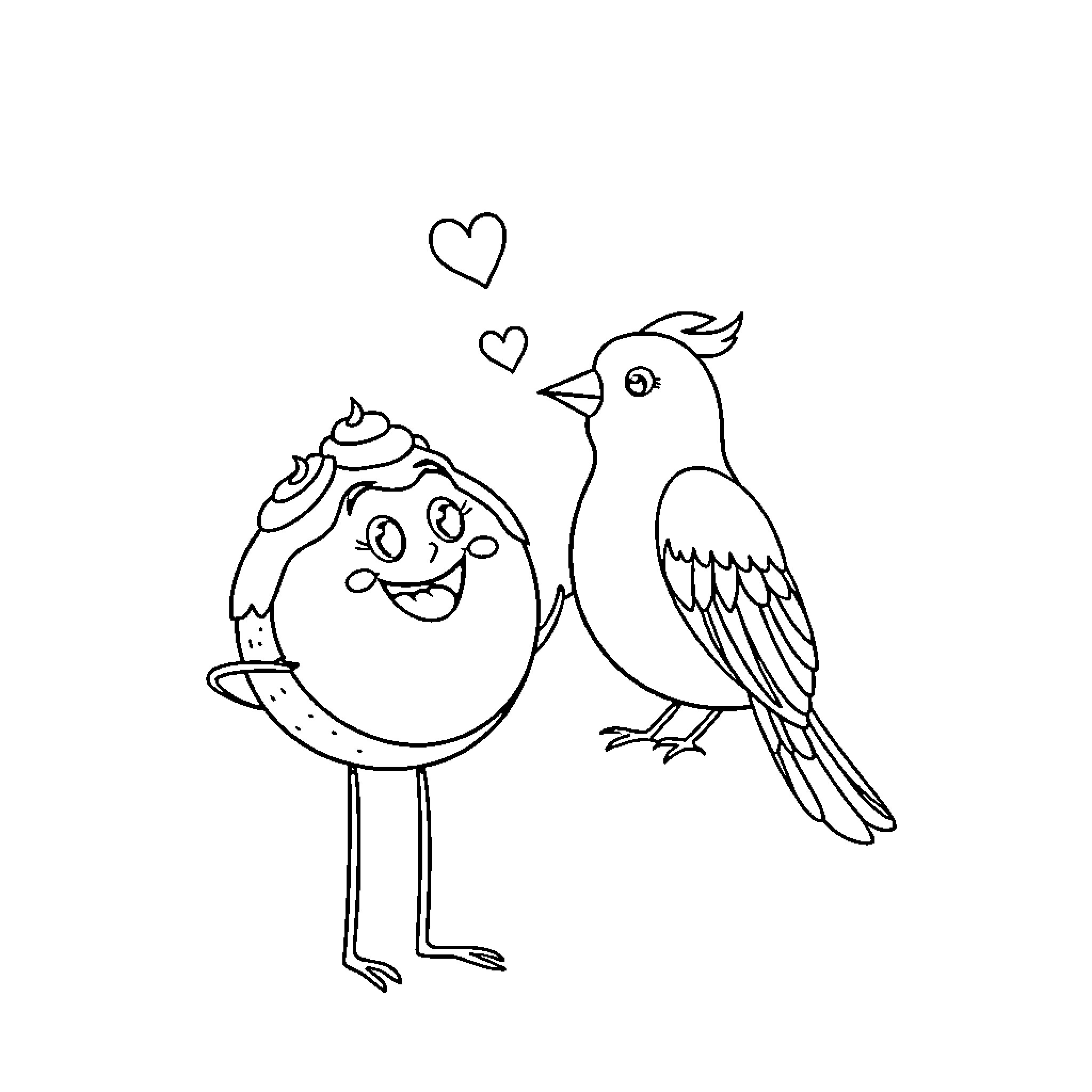 Mr. Cake befriends a cheerful bird Coloring Page (free black-and-white line drawing printable PDF for all, from beginners to advanced learners, including children, teens, adults, and seniors)