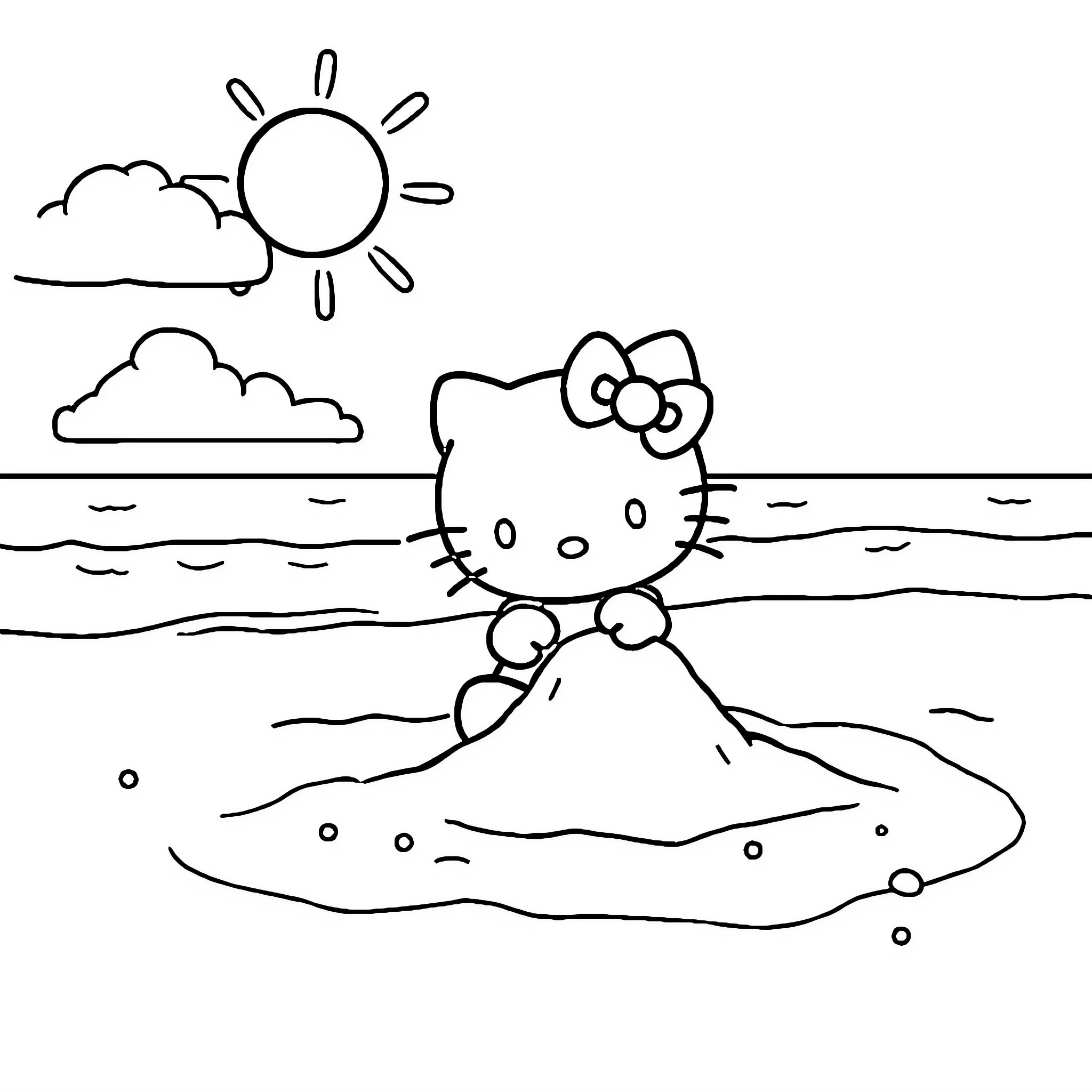 Hello Kitty enjoying a sunny day at the beach Coloring Page (free black-and-white line drawing printable PDF for all, from beginners to advanced learners, including children, teens, adults, and seniors)