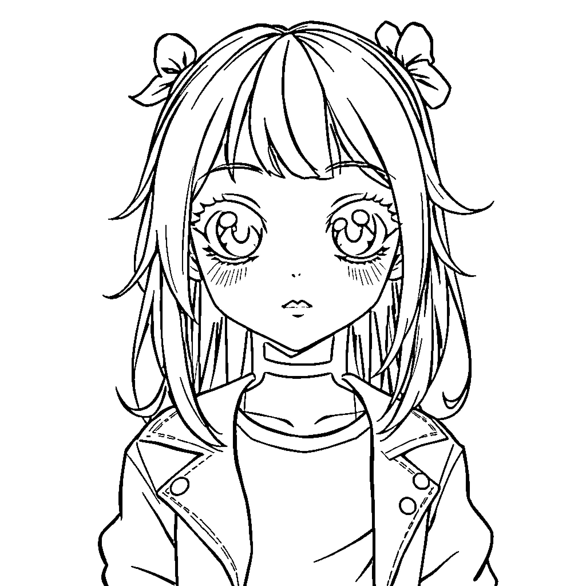 Manga Girl with Thoughtful Expression Coloring Page (free black-and-white line drawing printable PDF for all, from beginners to advanced learners, including children, teens, adults, and seniors)