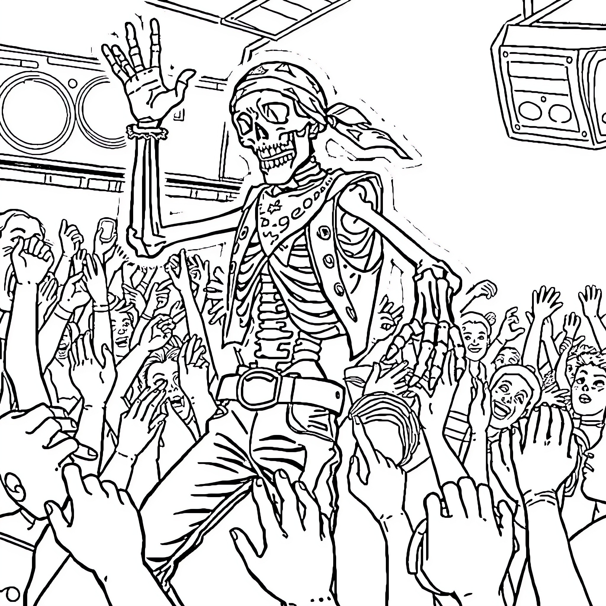 Skeleton entertains the crowd with energetic dance moves Coloring Page (free black-and-white line drawing printable PDF for all, from beginners to advanced learners, including children, teens, adults, and seniors)