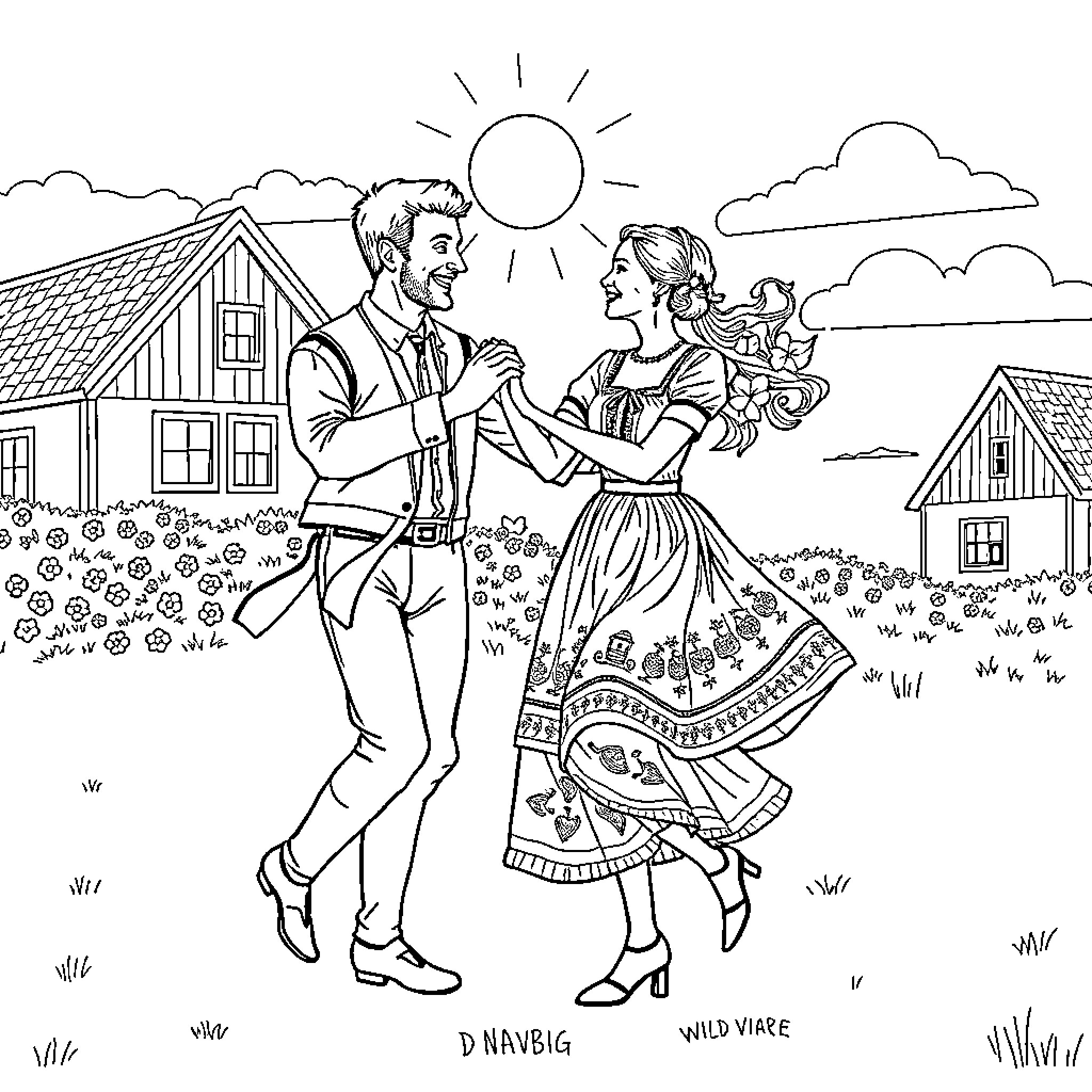 Dancer couple enjoying sunny day in country setting Coloring Page (free black-and-white line drawing printable PDF for all, from beginners to advanced learners, including children, teens, adults, and seniors)